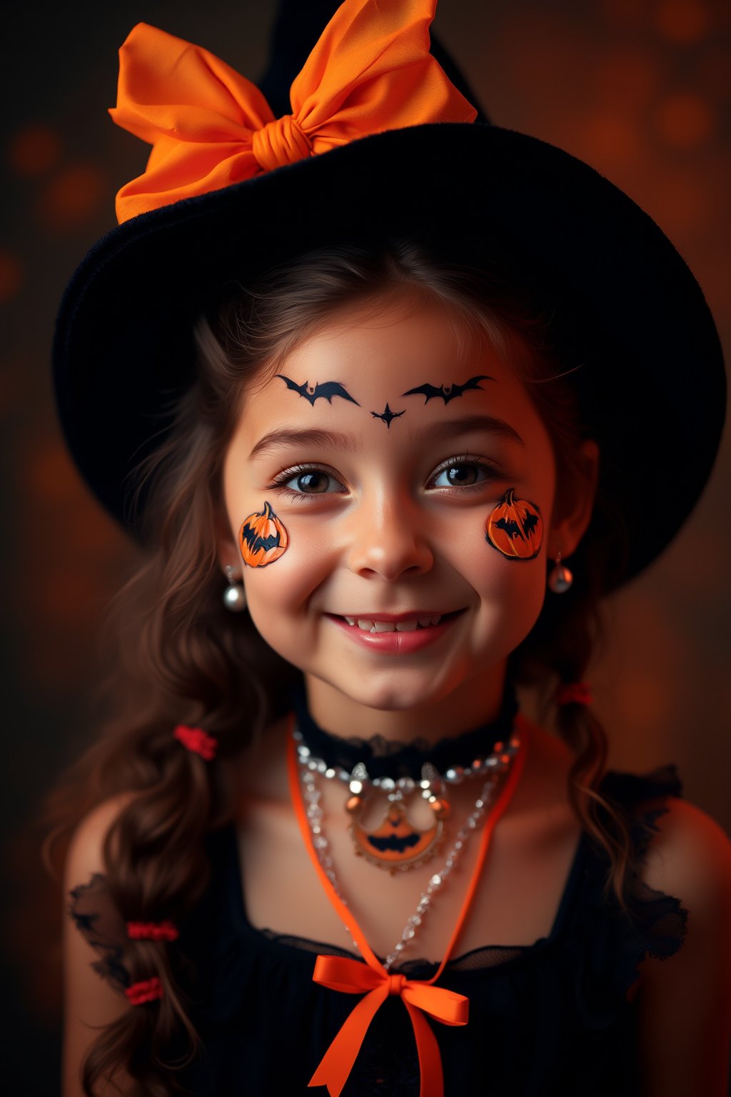 upper body portrait of 10yo cute girl with ( pop paint on face), (Halloween atmosphere),in Gothic Haloween costume and hat, (happy smile),(gothic),fractal punk, braid hair, matte painting portrait shot, beautiful girl, pink fair skin, she is dressed in Halloween clothes, Pumpkin motif accessories,necklace and earrings, Halloween atmosphere, heavy makeup,orange theme,score_9, score_8_up, score_7_up, score_6_up, score_5_up, score_4_up,