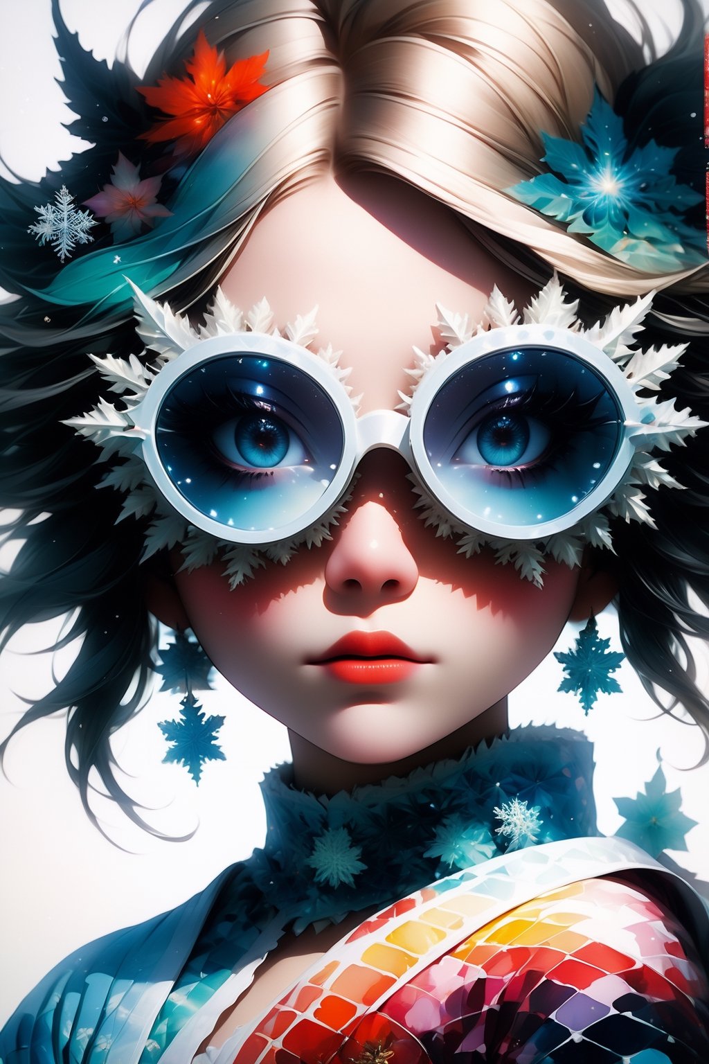 front view, In this mind-bending artwork, a whimsical dreamscape unfolds. A distorted mirror reflects fragmented images of the artist's influences—Araki's intimate photography, Saeki's eroticism, Kusama's polka dots, and Newton's provocative elegance. The central figure, a surreal self-portrait of the artist, stands within the kaleidoscopic vortex, surrounded by floating eyes and distorted faces. The canvas is a riot of color and texture, capturing the intricate dance between consciousness and subconscious influences. This painting invites viewers to explore the depths of their own minds and the eclectic mix of influences that shape their perceptions.

enigmatic beings with ethereal silhouettes, digital dreamscape. Illuminate the scene with the pulse of a celestial bloom,casting hues that bridge both cosmic and cybernetic realms. where the organic and the synthetic collide in a dynamic composition.Integrate augmented reality surprises, fusion of art styles, transcend boundaries and conjure a visual symphony that harmonizes the present elements.wearing snowflake glasses,upper body:1.5,
The works include American Cult Film (cult film), Hot Rod (modified car culture), Rock & Punk and Japanese Ukiyo-e, Nobuyoshi Araki, Toshio Saeki, Rockin' Jelly Bean, Helmut Newton, Kusama Yayoi, Nara Yoshitomo, etc. representative style.
masterpiece artwork, best quality,  
8k, octane render, natural lighting, hyperrealistic, 
3d cartoon, extremely detailed, dynamic angle, 
magic, surreal, fantasy, digital art, UHD, cinematic perfect light,
,retroartstyle,DonMBl00mingF41ryXL ,IncrsDistractedBoyfriendMeme,High detailed ,Ukiyo-e,3D Render Style, in the style of esao andrews,sfglasses