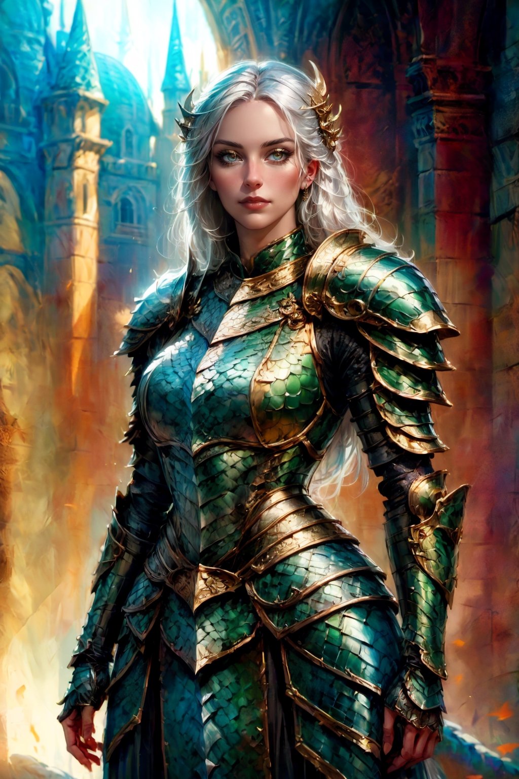 front_view, masterpiece, best quality, photorealistic, raw photo, (1girl, looking at viewer), long white hair,dragon armor, intricate armor, delicate gold filigree, intricate filigree, black metalic parts, detailed part, dynamic pose, detailed background, dynamic lighting, ,dragon armor