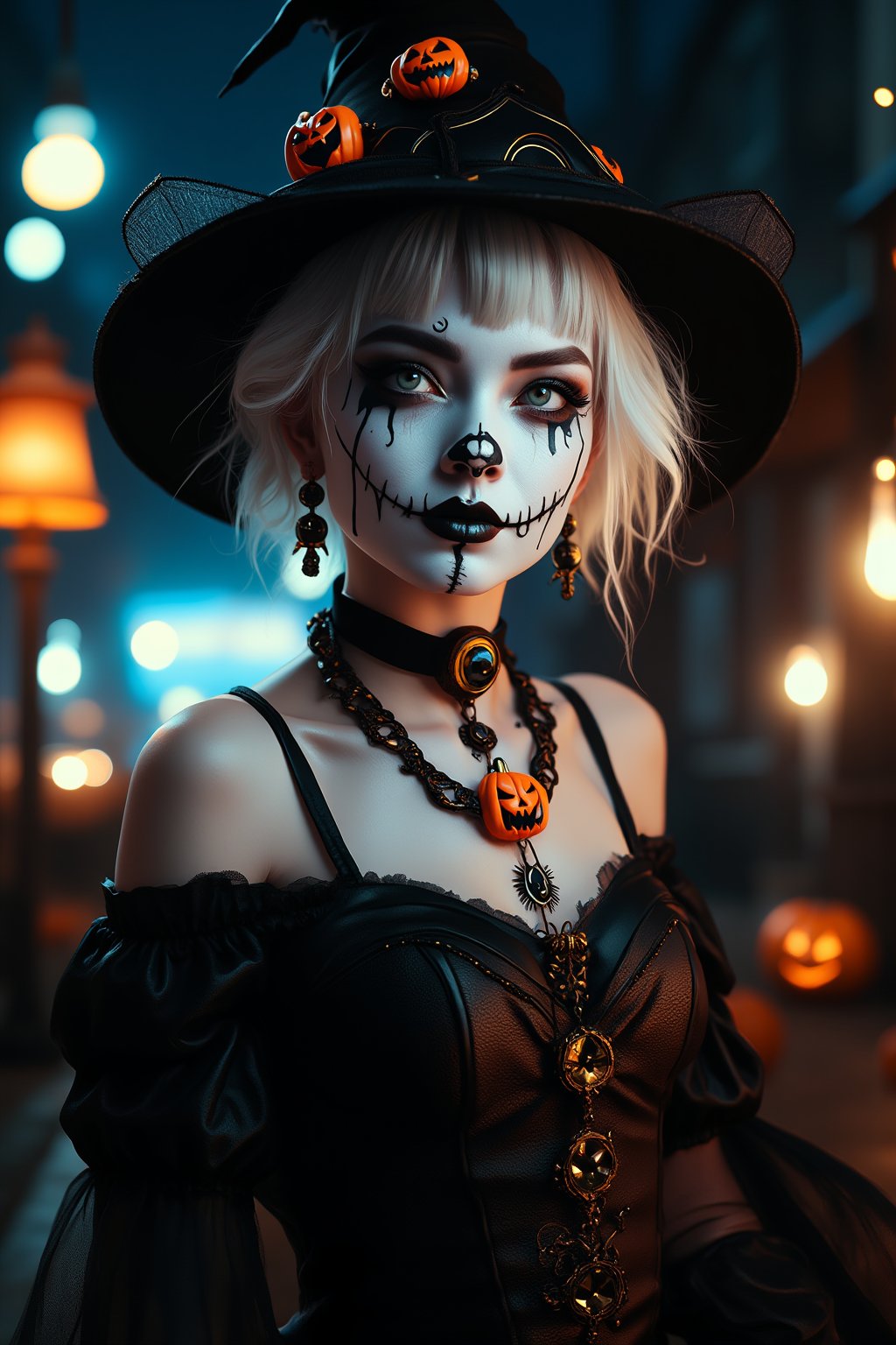 (Best Quality, 8K, 32K, masutepiece:1.3), Ultra-detailed, (Photorealistic:1.4), white colors, albino,14yo Girl with Halloween heavy paint on her face, Detailed eyes, Upper body, Luxurious punk hair, Edgy Halloween fashion,(Halloween atmosphere),in Gothic Haloween costume and hat, Pumpkin motif accessories,necklace and earrings,  Avant-garde Halloween makeup, Numerous piercings,,night sky background, Backlight effect, Shallow depth of field, Blurry background,score_9, score_8_up, score_7_up, score_6_up, score_5_up, score_4_up,