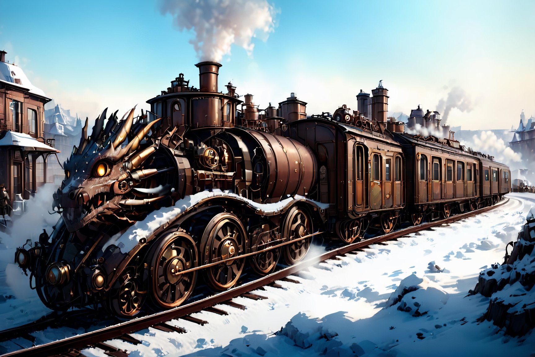 realistic photo of dragon train,a steampunk style,(masterpiece),(best quality),wheels, dragon train on railroads ,steam ,falling snow,snow scenery, post-apocalyptic world,steam punk city background,buildings background,wide angle:1.5,dragon train,ste4mpunk,WINTER