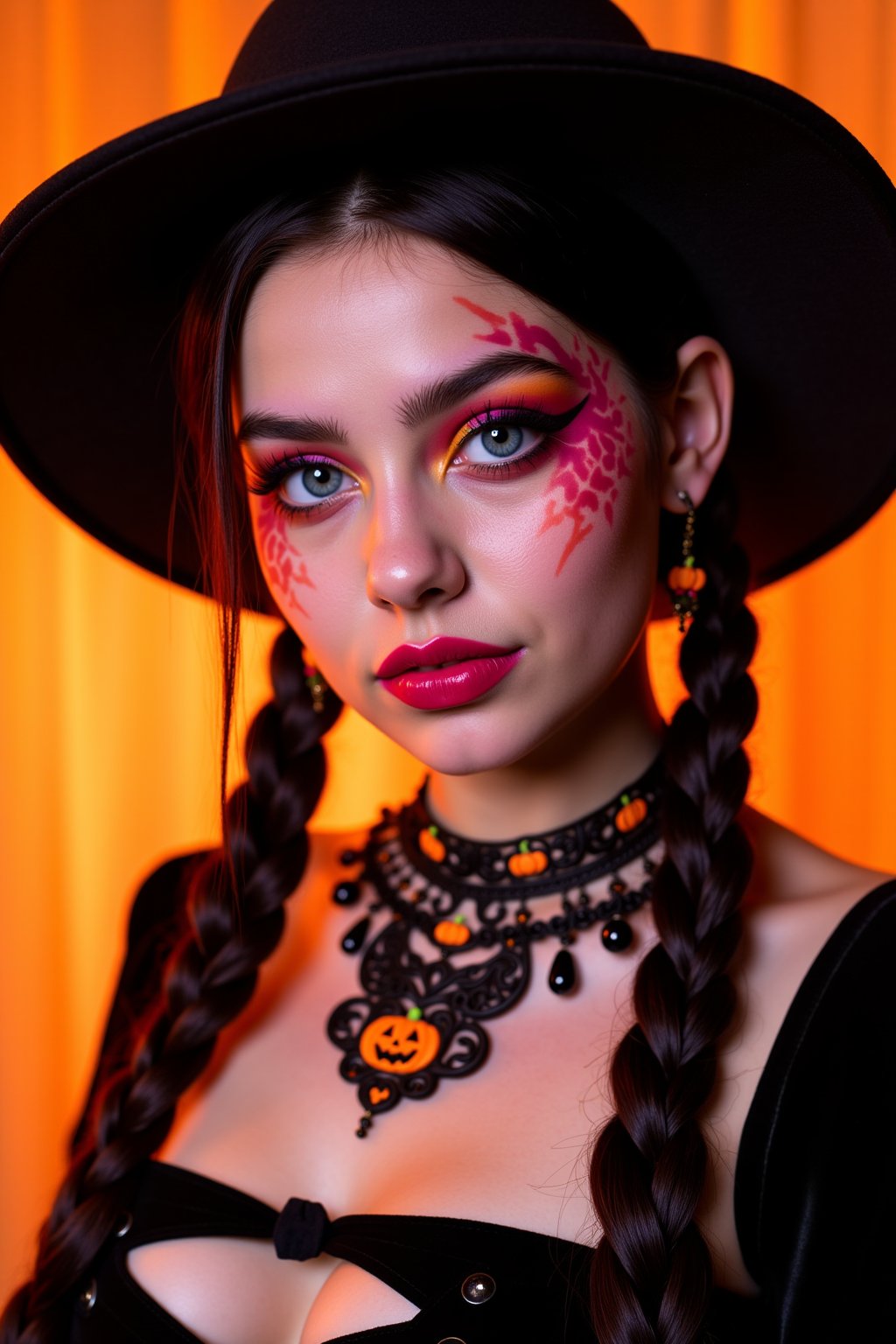 A close-up, matte-painted portrait of a 18-year-old girl with a mesmerizing gaze (1.5 seconds). Her face is adorned with vibrant Halloween paint, adding to her gothic charm. A fractal punk-inspired costume and hat frame her porcelain skin, perfectly pink and unblemished. Long braids cascade down her back, complementing the intricate necklace and earrings featuring pumpkin motifs. The atmosphere is heavy with Halloween mystique, orange hues dominating the scene as she poses, dressed in a bewitching getup, directly addressing the camera.