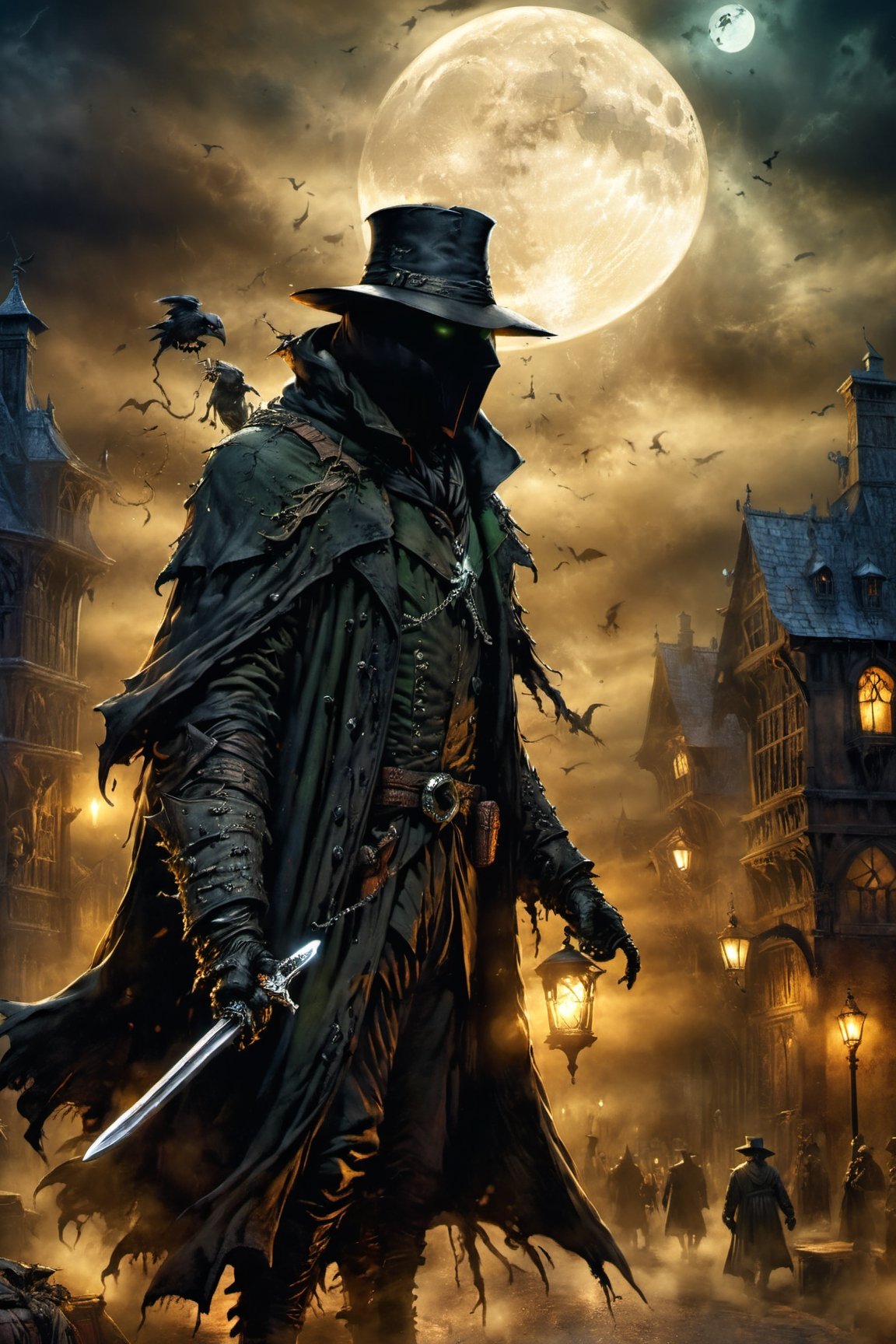 (((Top Quality: 1.4))), (Art by Todd McFarlane and Greg Capullo),Spawn comic style,(Unparalleled Masterpiece),(Ultra High Definition),(Ultra-Realistic 8k CG),chiaroscuro,Plague Doctor,detailed Plague Doctor's clothes ,wearing plague doctor's mask and hat , in dark medieval street,creepy atmosphere, eerie moon light penetrating makes gradient of shadows and adds depth to images, (magic mysterious background,highly detailed baclgound, glowing particles, ethereal fog, faint darkness), hype realistic cover photo awesome full color, Cinematic, (hyper detail: 1.2), perfect anatomy,more detail XL,Leonardo Style,,detailmaster2,((over waist image:1.8)),oil painting