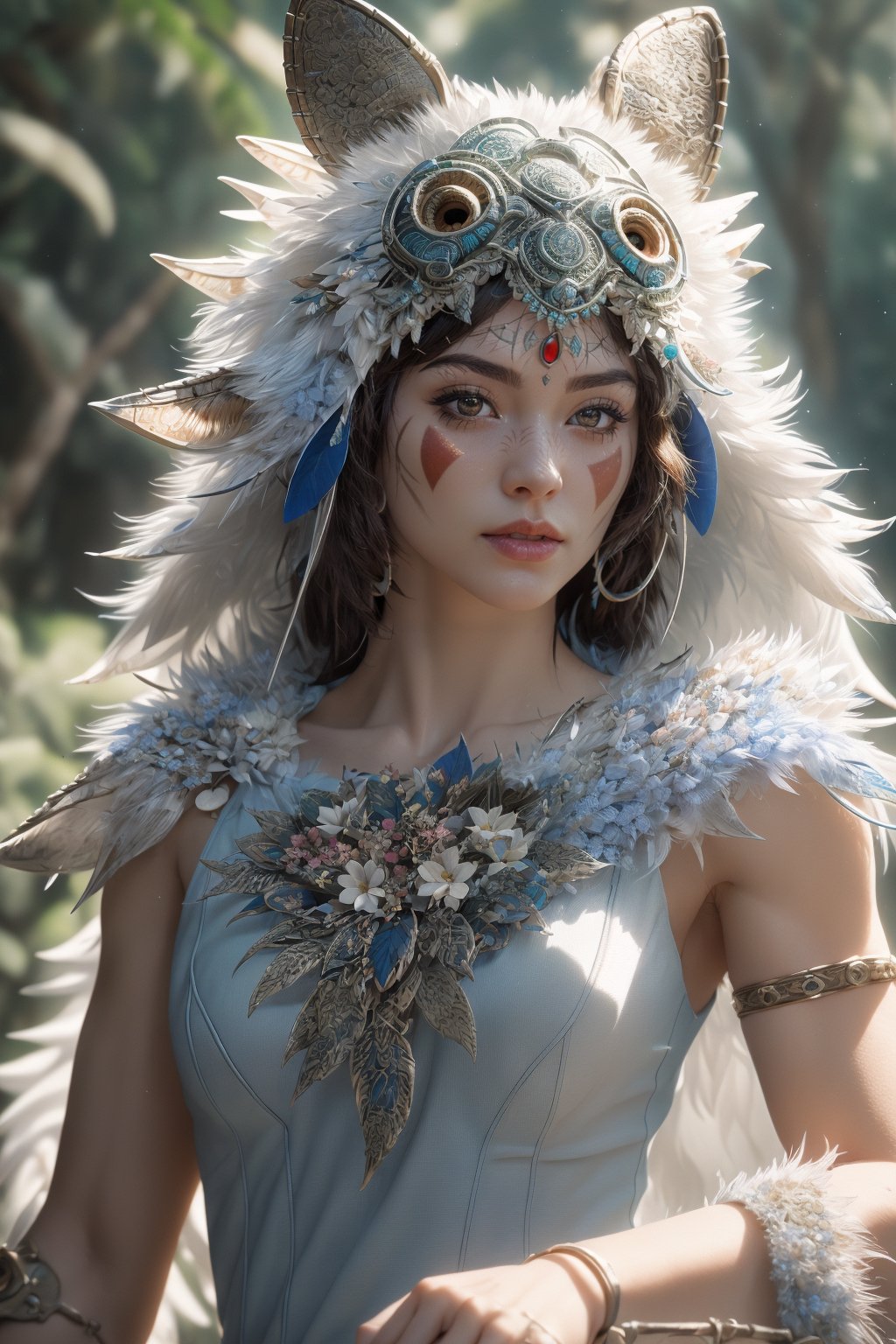 fashion photography portrait of 1girl, princess mononoke,(wearing (princess mononoke coscume)),standing,face paint,muscular body,slim abs,in blue lush jungle with flowers , 3d render, cgi, symetrical, octane render, 35mm, bokeh, 9:16, (intricate details:1.12), hdr, (intricate details, hyperdetailed:1.15), (natural skin texture, hyperrealism, soft light, sharp:1.2),(upper body image:1.5),realistic,realism,photorealistic,Masterpiece,nargacuga armor,Realism,More Detail,princessmononoke,character,1 girl,,