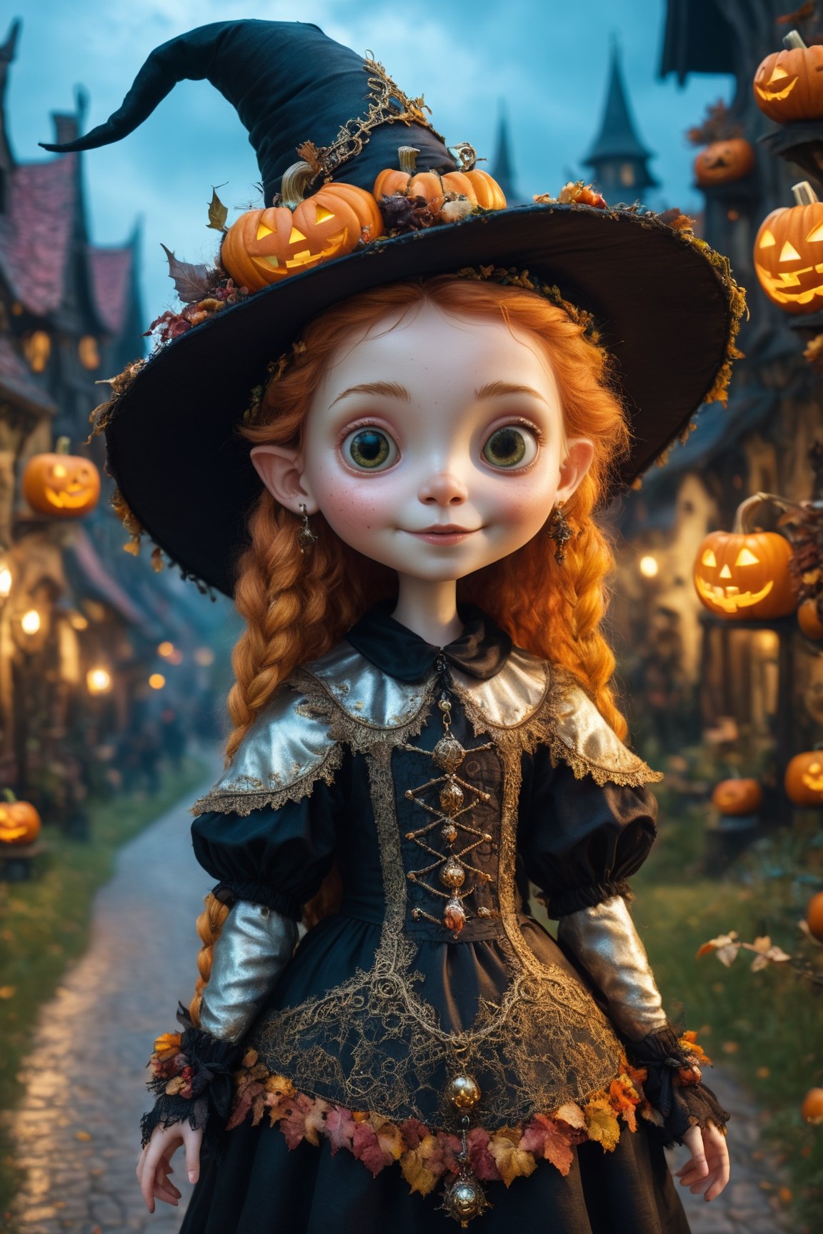 (Aetherpunk style:1.4),wide angle,8k , ultra quality ,nature,pagan imagery,cute very young Halloween witch,10 years old girl,(big smile),chibi style,art by Giuseppe Arcimboldo,gold detailed,utopia,magic,(Halloween atmosphere),neon detailed,beasts,mages,((in Halloween town,amazing scenery)),(highly detailed:1.2),(ultra realism:1.2), realistic, detailed, textured, skin, hair, eyes, by Alex Huguet, Mike Hill, Ian Spriggs, JaeCheol Park, Marek Denko,(side view:1.5)
,