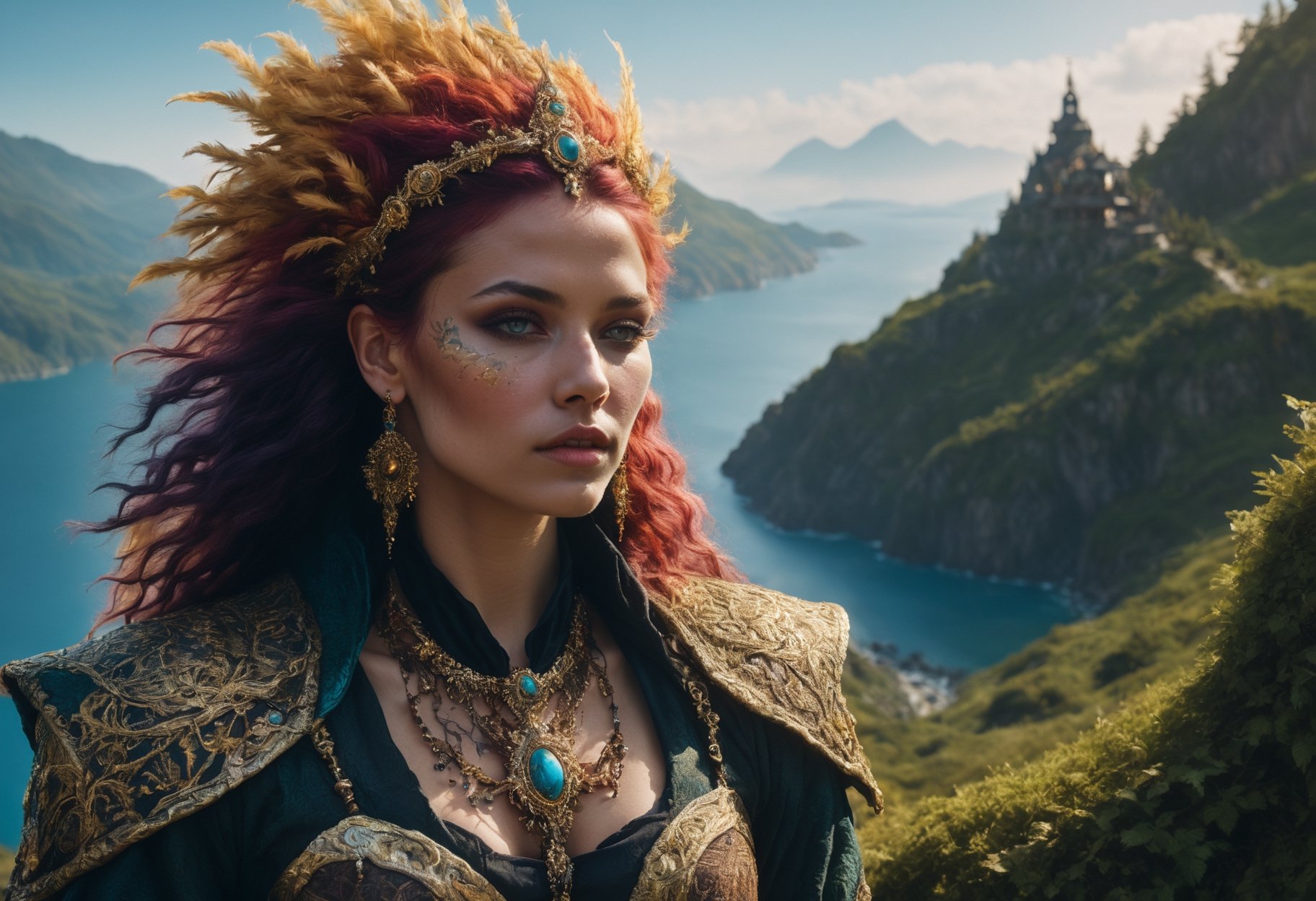 (Aetherpunk style:1.4),8k , ultra quality ,nature,pagan imagery,gold detailed,utopia,magic,neon detailed,beasts,mages,outdoors,amazing scenery,(highly detailed:1.2),(ultra realism:1.2), realistic, detailed, textured, skin, hair, eyes, by Alex Huguet, Mike Hill, Ian Spriggs, JaeCheol Park, Marek Denko
,