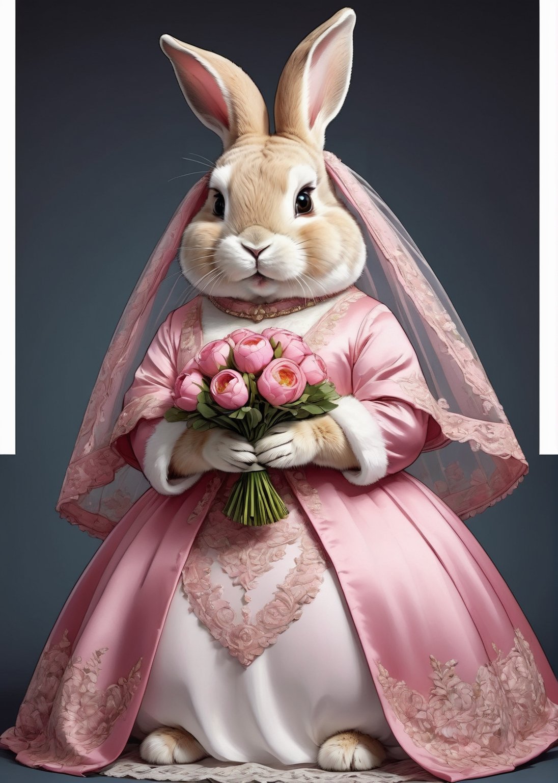 photorealistic portrait of Dressed animals - a ((fat)) cute rabbit,(elegant pose),(closed mouth),(frurry), high quality,(lovely) ,intricate details, highly detailed ((pink wedding dress)),wearing opera globes ,wearing highly detailed veil, highly detailed decorations ,holding flower bouquet, (happy), studio lighting,(full body image:1.5),comic book