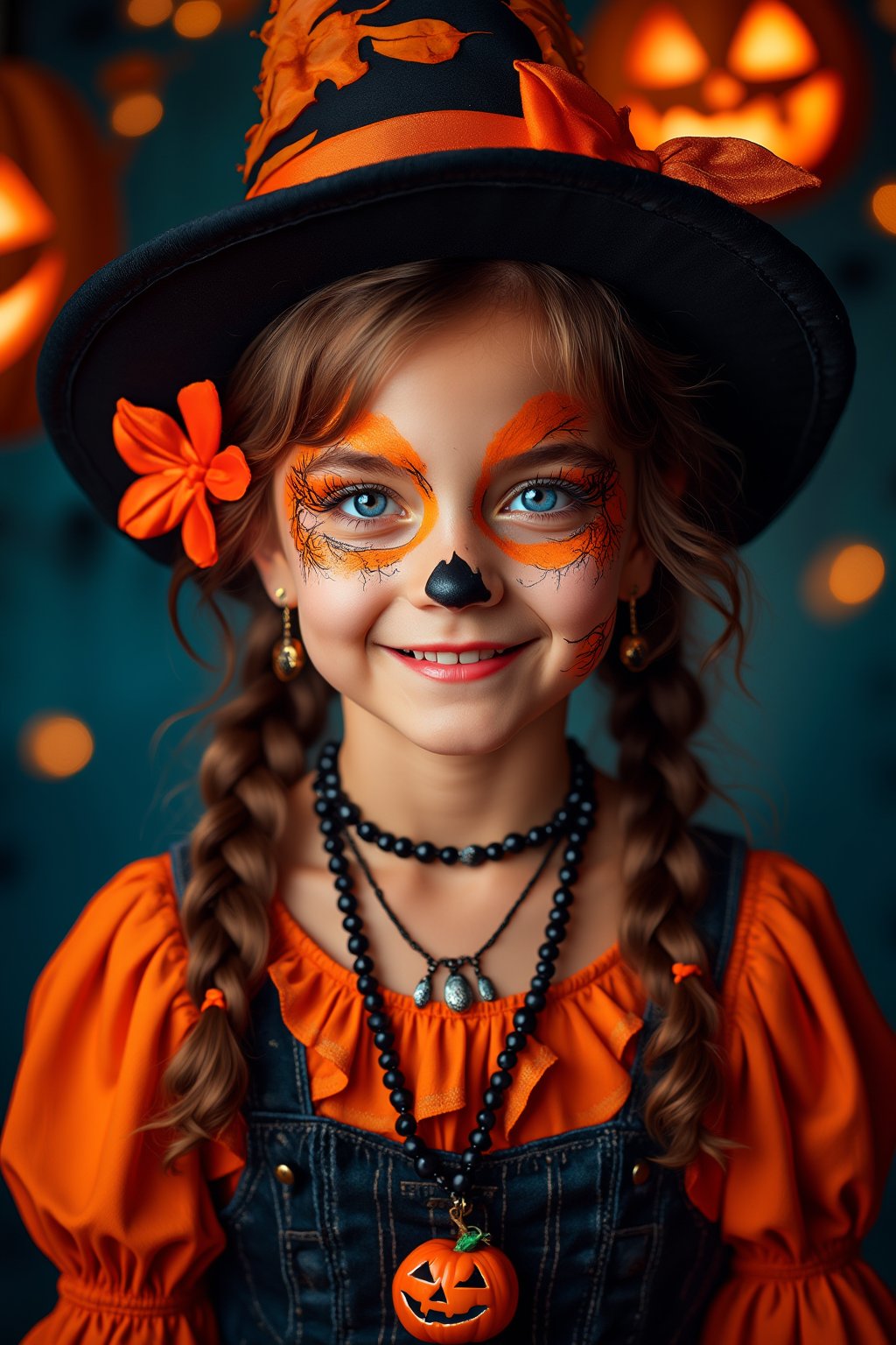 upper body portrait of 10yo cute girl with ( pop paint on face), (Halloween atmosphere),in Gothic Haloween costume and hat, (happy smile),(gothic),fractal punk, braid hair, matte painting portrait shot, beautiful girl, pink fair skin, she is dressed in Halloween clothes, Pumpkin motif accessories,necklace and earrings, Halloween atmosphere, heavy makeup,orange theme,score_9, score_8_up, score_7_up, score_6_up, score_5_up, score_4_up,