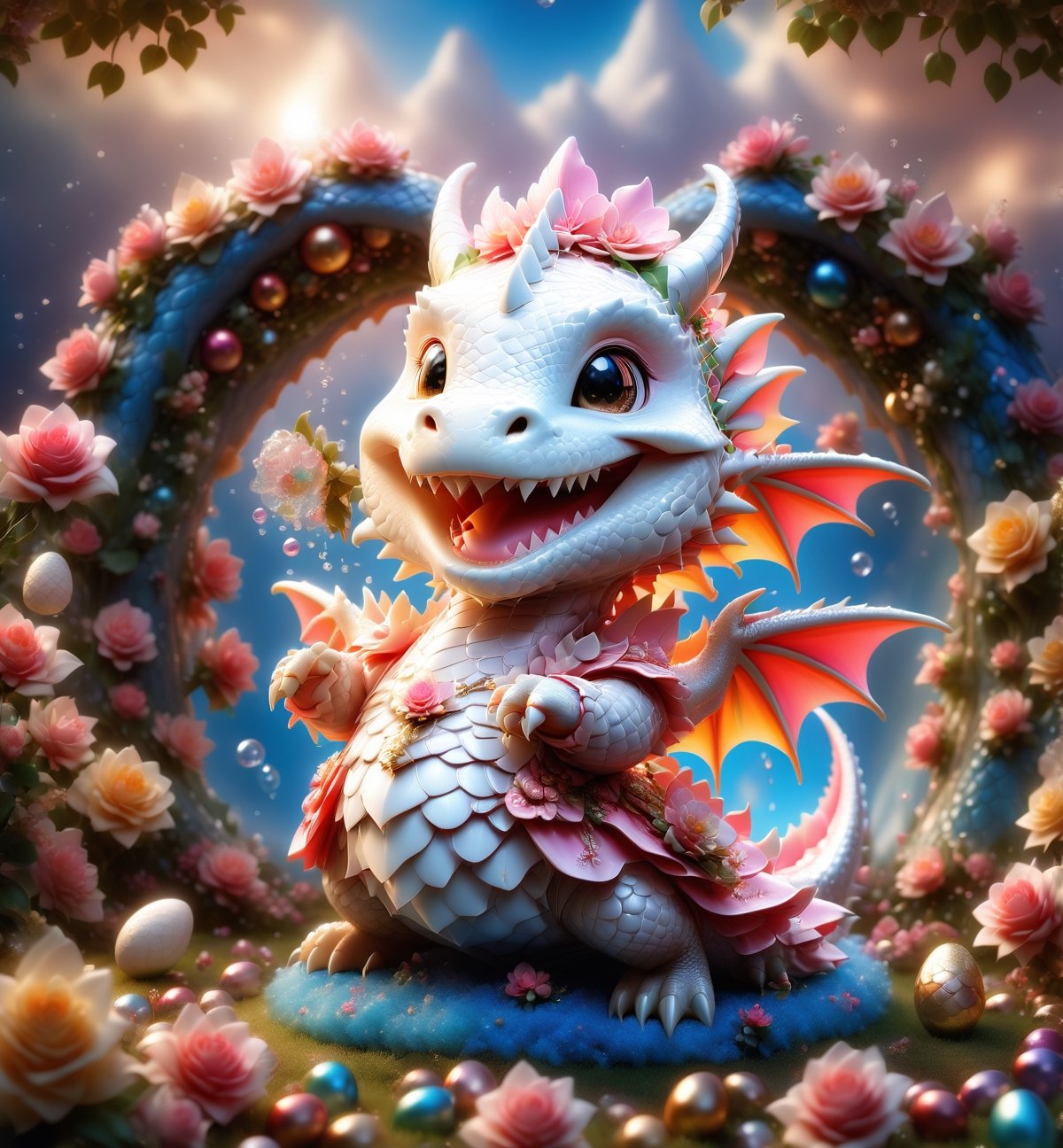 chibi cute dragon smiling charmingly, nestled among roses, gifts and golden seeds, framed by a verdant lawn dotted with Easter eggs, against a backdrop of blue skies and rainbow arches with floating soap bubbles, in a charmingly pose, photographed by Miki Asai with macro lens precision, trending on ArtStation with Greg Rutkowski's detailed fantasy style in 9k resolution, sharp focus aperture F 1.5, intricate details, setting studio photography, ultra high,cute dragon