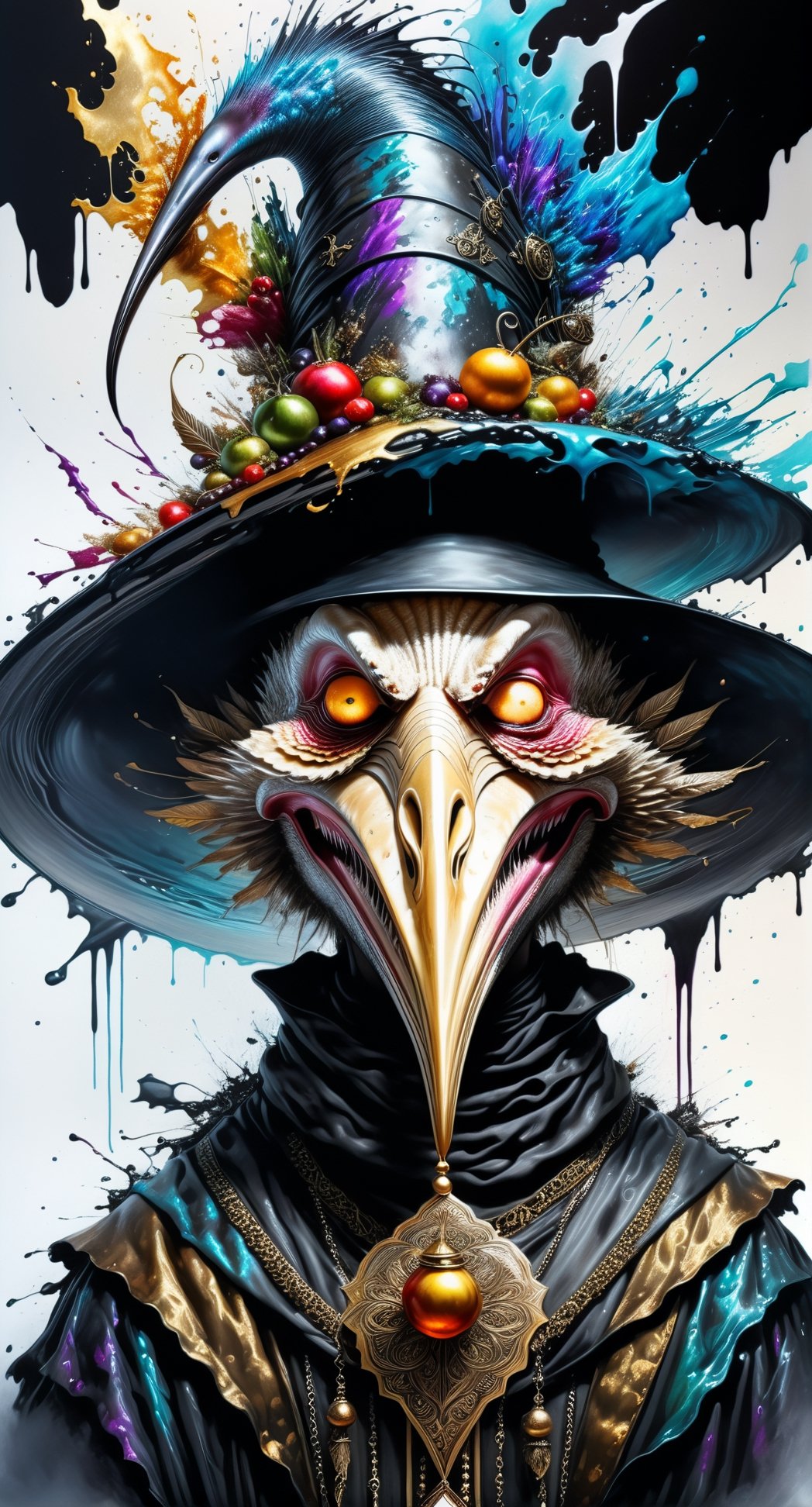 Ultra-Wide angle shot, photorealistic of gothic medieval of  stylish (turkye) character wearing pilgrim outfits,turkey,(long neck), ((large beak)),(horror), (creepy smile),art by Carne Griffiths,thanksgiving atmothphere,ornaments of thanksgiving, merged visuals, evocative storytelling, creative blending, seeBlack ink flow: 8k resolution photorealistic masterpiece:  intricately detailed fluid gouache painting: calligraphy: acrylic: colorful watercolor art, cinematic lighting, maximalist photoillustration: by marton bobzert: 8k resolution concept art intricately detailed, complex, elegant, expansive, fantastical, psychedelic realism, dripping paint,,DonML1quidG0ldXL ,Digital painting ,PEOPShockedFace