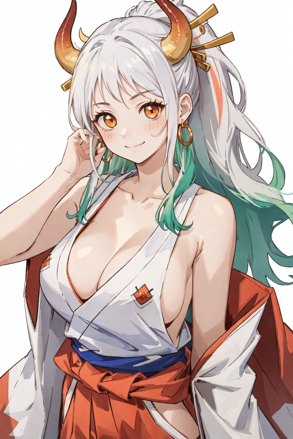 (masterpiece, best quality, highres:1.3), ultra resolution image, (1girl),yamato\(one piece\), (solo), kawaii, hair ornament, kimono, oni, earrings, japanese clothes,,cute face,smile softly, hoop earrings, sleeveless, hair stick,(white long hair), multicolored hair,standing,,orange eyes ,curled horns, horns, arms up, sideboob, cleavage, sleeveless kimono,tip of hair is green, jewelry, large breasts, blush, red horns, collarbone