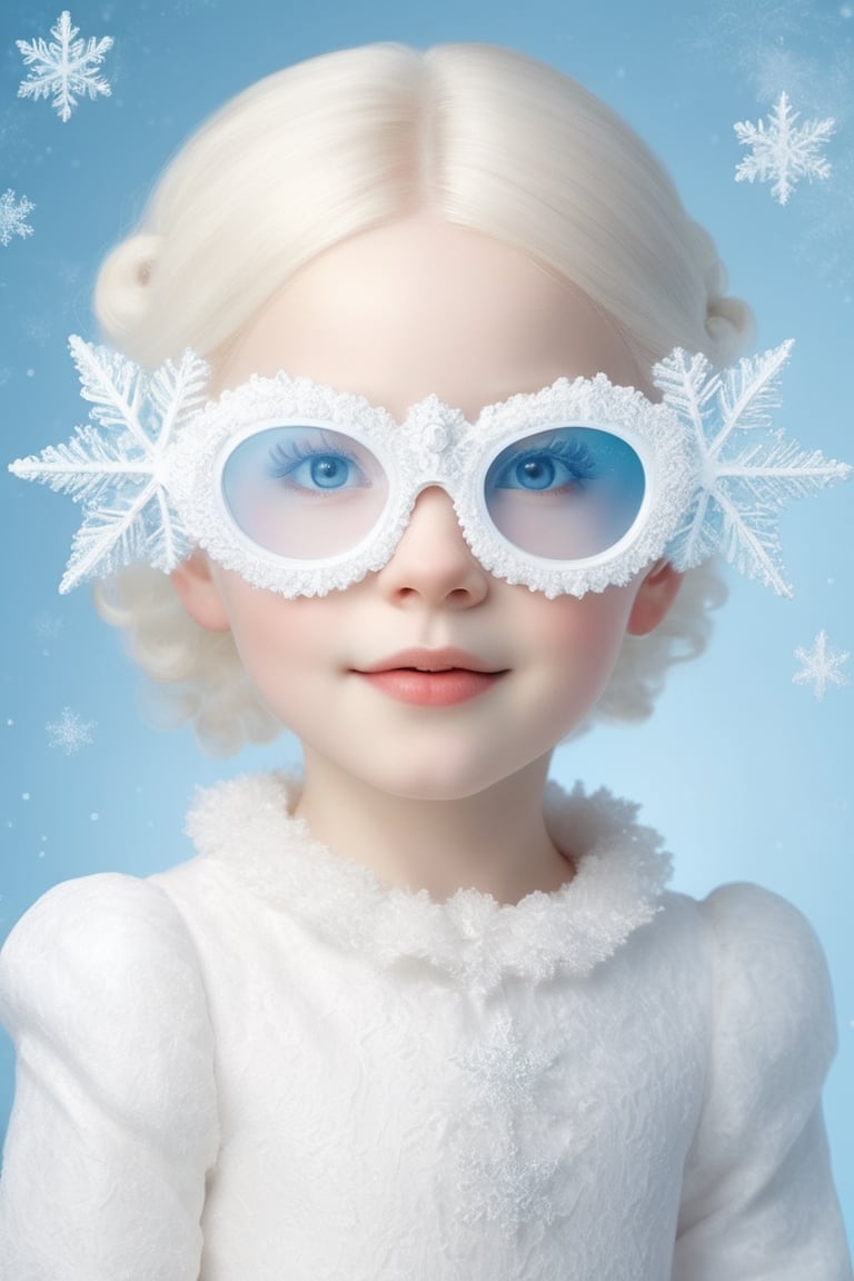 (Photorealistic Stick: 1.2), Sharp focus, (wearing snowflake glasses), Albino angel girl with seductively beautiful alabaster skin, 10 years old, cute face, detailed and perfect face, cuteness loved by everyone ,
A bright smile full of compassion, beautiful red lips, big eyes, soft expression, light blue pupils, white eyelashes, white hair,
Her porcelain-white skin, reflecting an almost heavenly glow, (((Victorian wedding dress, expensive, intricately designed tiara)), with intricate lacework and intricate details of lace and embroidery. Pure white wedding dress, (dancing, random pose, changing pose, dynamic angle,), happy atmosphere,snowflake glasses