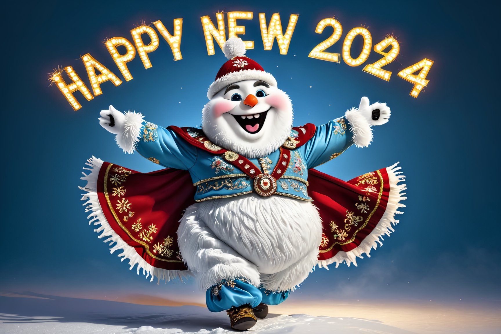 photorealistic portrait of Dressed animals - a fat baby abominable Snowman cossack dancer,(cossack dancing dynamic action pose), high quality,(lovely) ,intricate details, highly detailed ((cossack dance costume)) ,highly detailed decorations,, (happy), studio lighting,(full body image:1.5),AiArtV,(text that says "Happy New Year 2024":2.0)