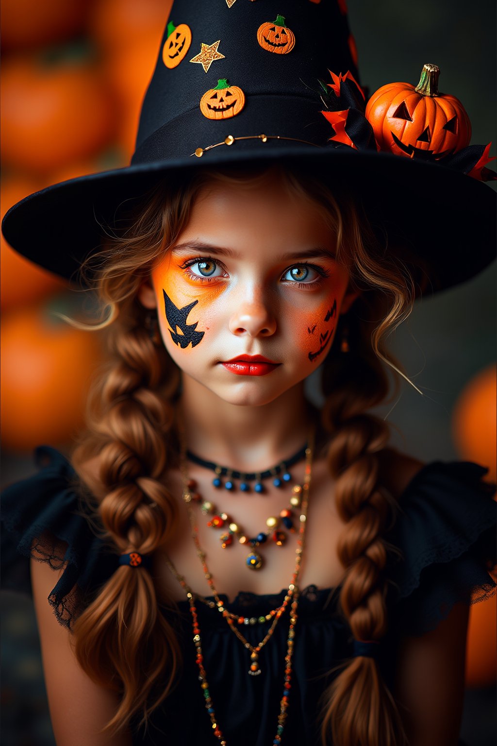 upper body portrait of 10yo cute girl with ( pop paint on face), (Halloween atmosphere),in Gothic Haloween costume and hat, (glaring at camera:1.5),(gothic),fractal punk, braid hair, matte painting portrait shot, beautiful girl, pink fair skin, she is dressed in Halloween clothes, Pumpkin motif accessories,necklace and earrings, Halloween atmosphere, heavy makeup,orange theme,score_9, score_8_up, score_7_up, score_6_up, score_5_up, score_4_up,