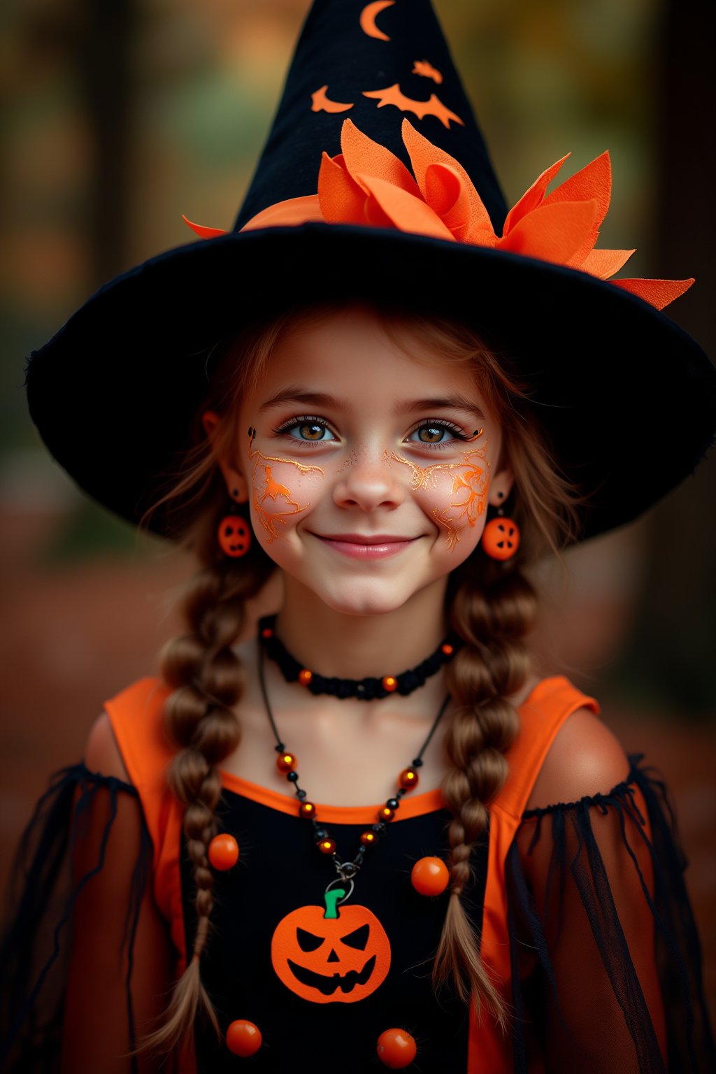 upper body portrait of 10yo cute girl with ( pop paint on face), (Halloween atmosphere),in Gothic Haloween costume and hat, (happy smile),(gothic),fractal punk, braid hair, matte painting portrait shot, beautiful girl, pink fair skin, she is dressed in Halloween clothes, Pumpkin motif accessories,necklace and earrings, Halloween atmosphere, heavy makeup,orange theme,score_9, score_8_up, score_7_up, score_6_up, score_5_up, score_4_up,