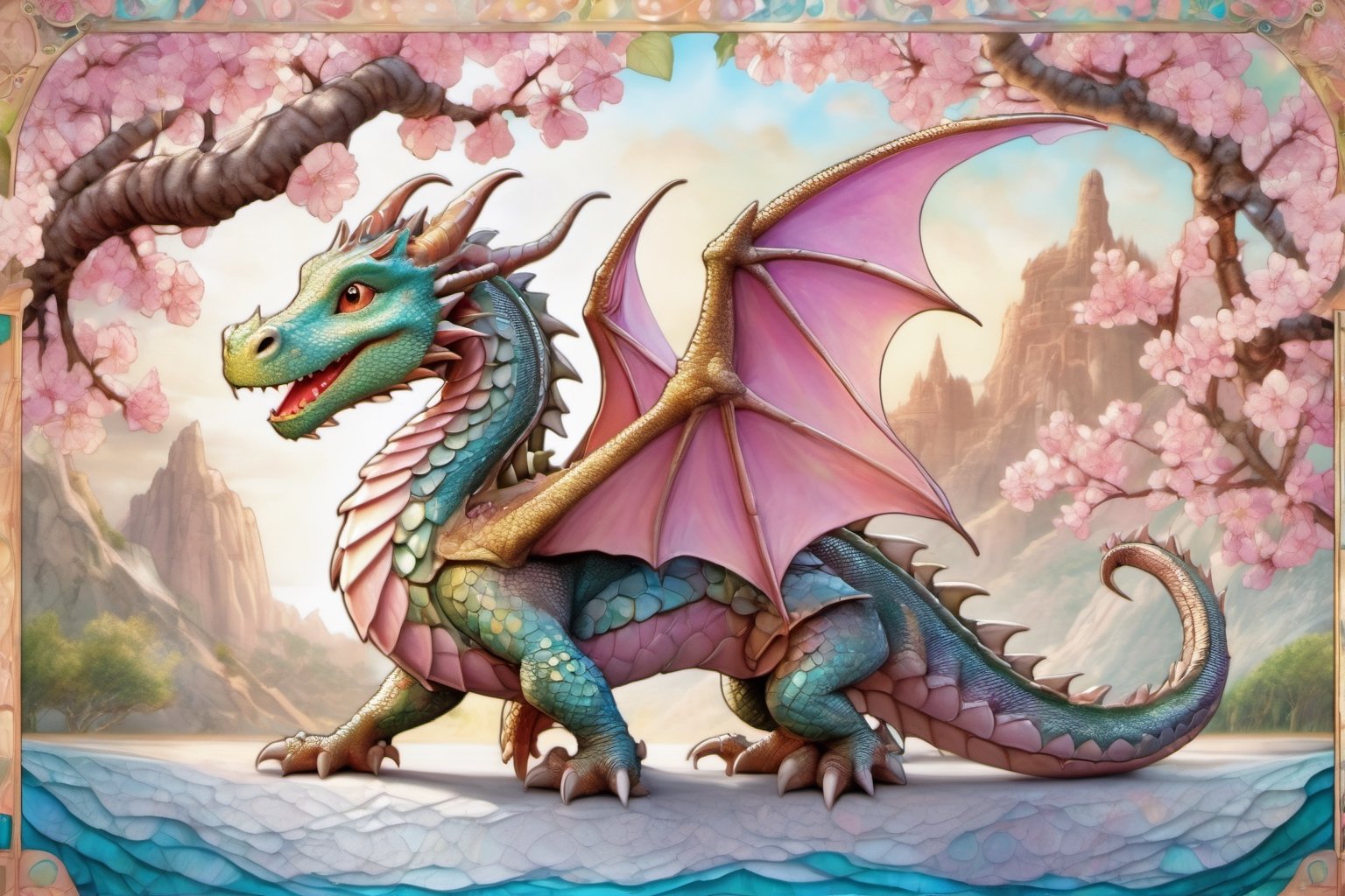 Happy, image of cute dragon,intricate details,cherry blossom background,
 blessed, welcoming , cute, adorable, vintage, art on a cracked paper, fairytale, patchwork, stained glass, storybook detailed illustration, cinematic, ultra highly detailed, tiny details, beautiful details, mystical, luminism, vibrant colors, complex background,,cute dragon