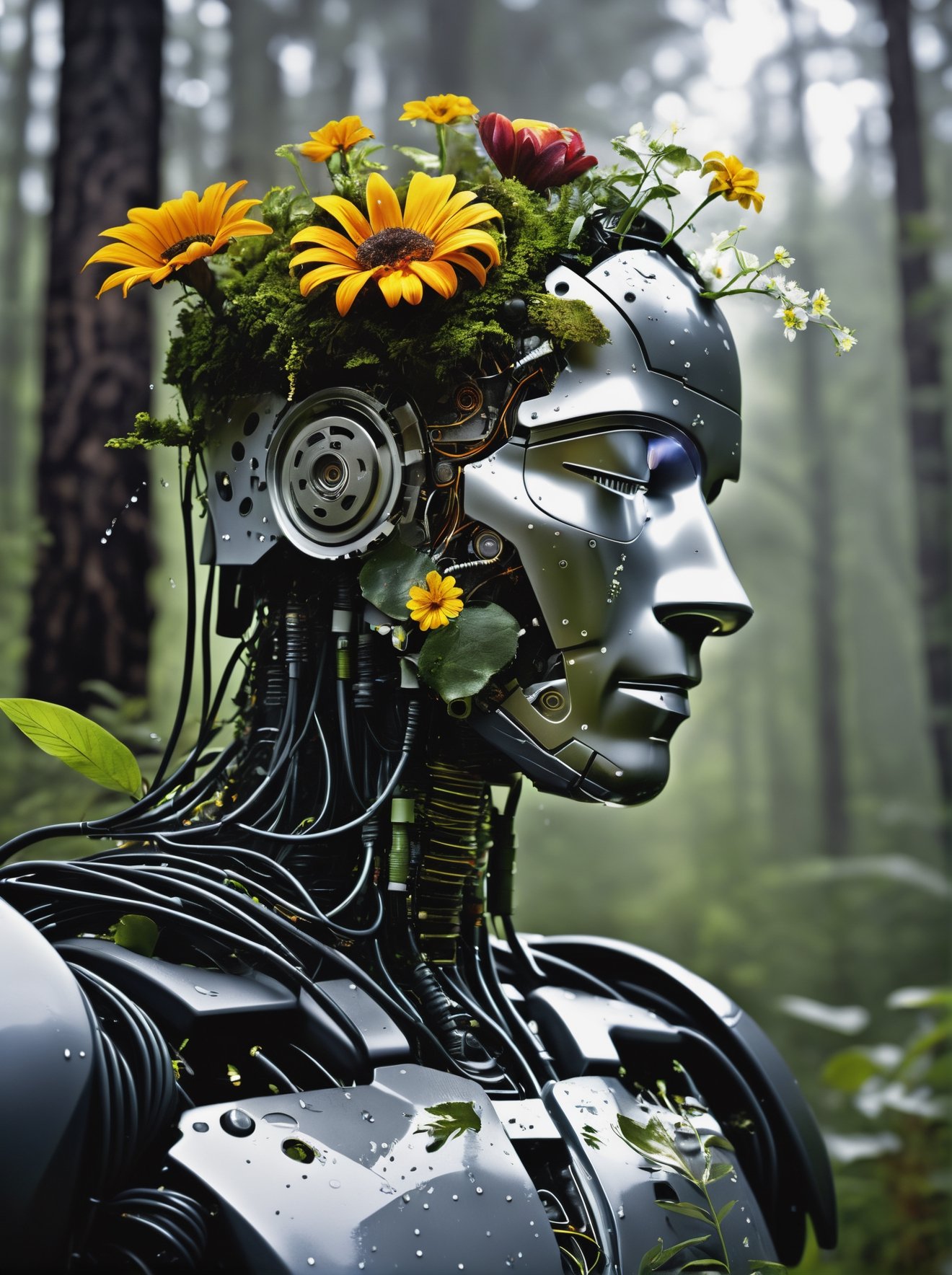 photo of a decayed male robot 45 degrees side view, with the top half of his head cut off, no brain, instead filled with wires, circuits, short plants and flowers, half of body is melted into the ground, eyes closed, wet with rain, masterpiece, high res, intricate, professional, photorealistic, dark forest background