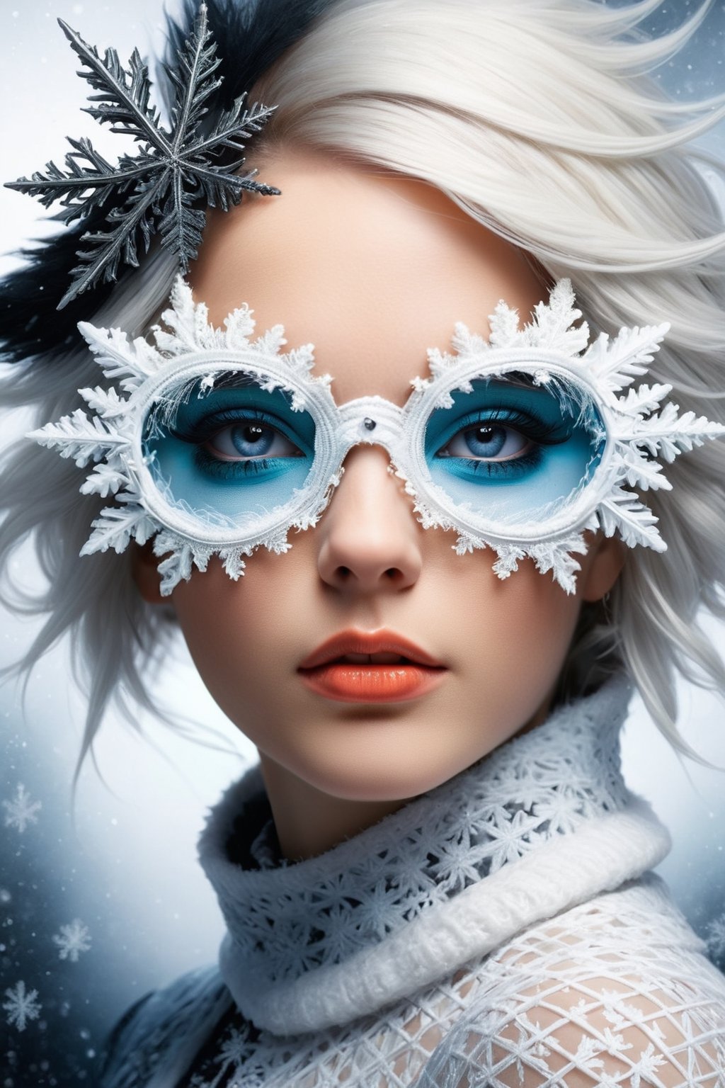 surrealism photo, realistic, 16k, extreme detail, fine textures, colorful, sharp lines, vibrant patch colors, black and white colors palette, lovely lady 40 years old, wearing snowflake glasses,in the style of esao andrews,sfglasses