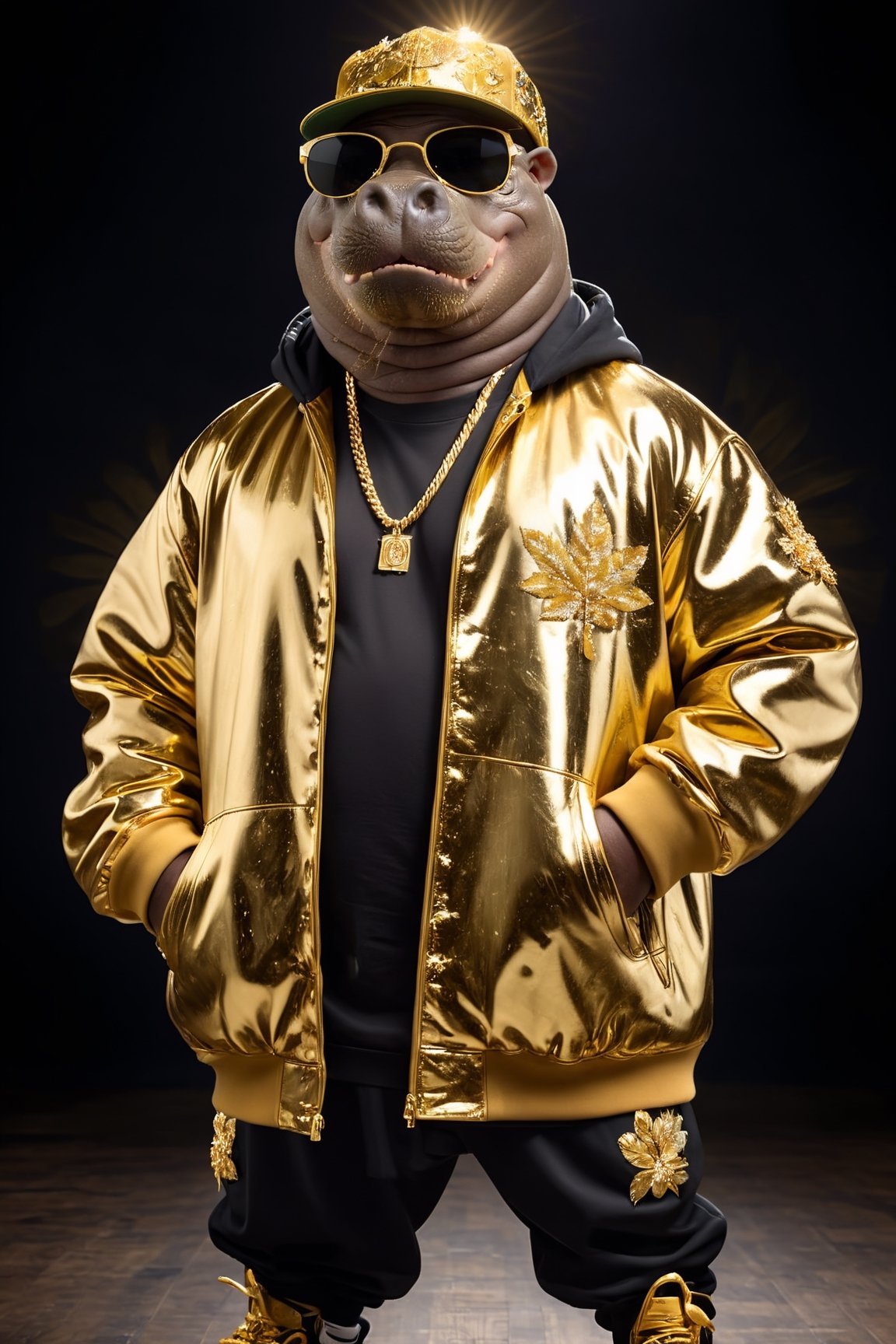  Dressed animals - a (fat) hippo hip hop dancer, ((dancing and singing)), god of hip hop, highly detailed ((hip hop fashion)) , highly detailed accessories , (wearing sunglasses and cap),dancing pose,wearing a jacket and hoodie delicately depicted with gold leaf detailing, printed onto a substantial and regal coat,Emphasize the intricate application of gold foil to capture the strength and valor of hip hop dancer. Ensure a visually stunning representation that combines the opulence of gold leaf with the historical passion of hip hop , creating a unique and impressive fashion through innovative image generation techniques.",(full body image:1.8), stadio lighting