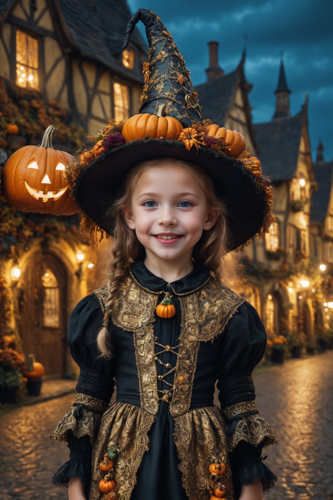 (Aetherpunk style:1.4),wide angle,8k , ultra quality ,nature,pagan imagery,cute very young Halloween witch,10 years old child,(big smile),,art by Giuseppe Arcimboldo,gold detailed,utopia,magic,(Halloween atmosphere),neon detailed,beasts,mages,((in Halloween town,amazing scenery)),(highly detailed:1.2),(ultra realism:1.2), realistic, detailed, textured, skin, hair, eyes, by Alex Huguet, Mike Hill, Ian Spriggs, JaeCheol Park, Marek Denko,(side view:1.5)
,