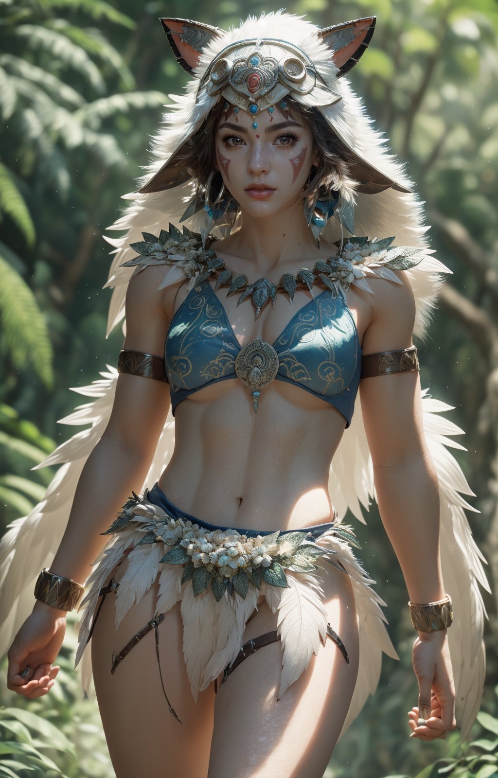 fashion photography portrait of 1girl, princess mononoke,(wearing (princess mononoke coscume)),standing,face paint,muscular body,slim abs,in blue lush jungle with flowers , 3d render, cgi, symetrical, octane render, 35mm, bokeh, 9:16, (intricate details:1.12), hdr, (intricate details, hyperdetailed:1.15), (natural skin texture, hyperrealism, soft light, sharp:1.2),(half body image from head to thigh:1.5),realistic,realism,photorealistic,Masterpiece,nargacuga armor,Realism,More Detail,princessmononoke,character,1 girl,(viewed from above)