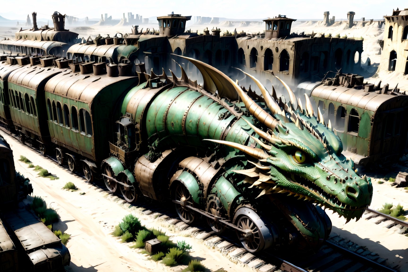 dragon train,buildings , (masterpiece), (best quality), , Wasteland, post-apocalyptic world, (viewed from above:1.9), wide angle:1.5,
, dragon train
