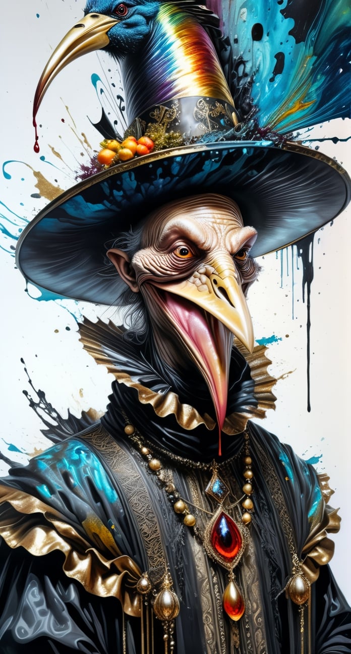 Ultra-Wide angle shot, photorealistic of gothic medieval of  stylish (turkye) character wearing pilgrim outfits,(turkey),(long neck), (large beak),(horror), (creepy smile),art by Carne Griffiths,thanksgiving atmothphere,ornaments of thanksgiving, merged visuals, evocative storytelling, creative blending, seeBlack ink flow: 8k resolution photorealistic masterpiece:  intricately detailed fluid gouache painting: calligraphy: acrylic: colorful watercolor art, cinematic lighting, maximalist photoillustration: by marton bobzert: 8k resolution concept art intricately detailed, complex, elegant, expansive, fantastical, psychedelic realism, dripping paint,,DonML1quidG0ldXL ,Digital painting ,PEOPShockedFace,((pointing at viewer))