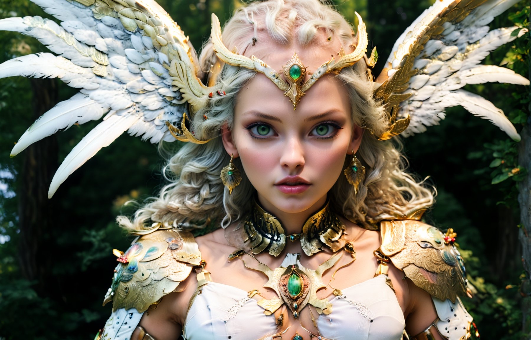 (wide angle),(Aetherpunk style:1.4),8k , ultra quality ,nature,pagan imagery,intricate detailed, beautiful valkyrie ,gold detailed holy gorgeous armor,intricate detailed wide angelic wings,spreading angelic wings wide,utopia,magic,detailed,mages,outdoors,amazing scenery,(highly detailed:1.2),(ultra realism:1.2), realistic, detailed, textured, skin, platinum white hair, green eyes, by Alex Huguet, Mike Hill, Ian Spriggs, JaeCheol Park, Marek Denko
,detailmaster2,more detail XL,(half body image),realistic,3d toon style,xxmix_girl