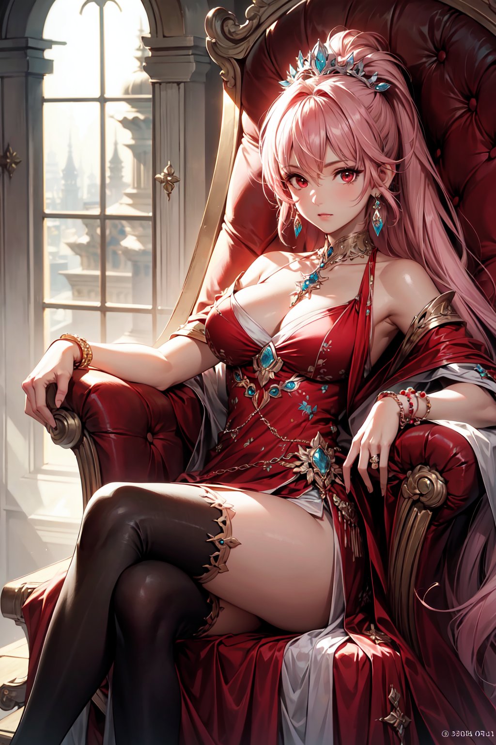 (best quality:1.1), (masterpiece:1.2), high quality shadow, beautiful detailed, (high detailed skin, skin details), (wide_landscape, 8k), beautiful face, detailed eyes, depth of field, dramatic light, best quality, highres, best shadow, best illumination, 1girl, long hair, pink hair, ponytail, messy hair, large breasts, red eyes, royal dress, jewelry, tiara, earrings, necklace, bracelet, thighhighs, expressionless, sitting on throne, on back, crossed legs, looking at viewer, from front, palace,