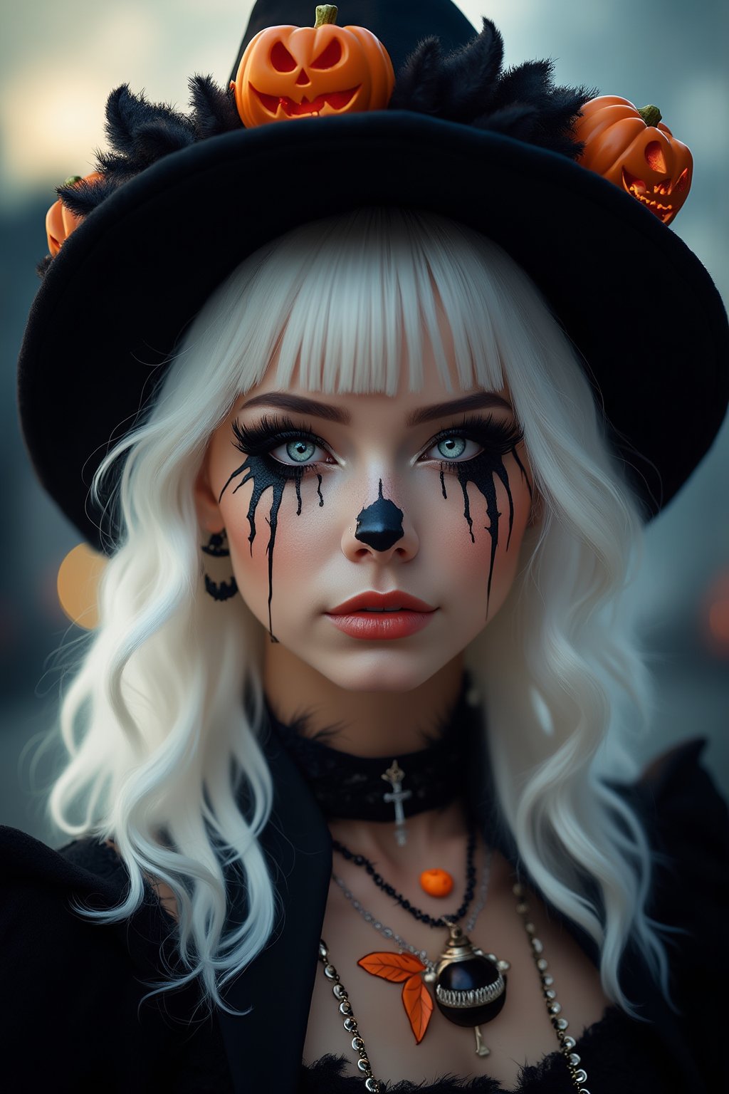 (Best Quality, 8K, 32K, masutepiece:1.3), Ultra-detailed, (Photorealistic:1.4), white colors, albino,15yo cute punk Girl with Halloween heavy paint on her face, Detailed eyes, Upper body, Luxurious punk hair, Edgy Halloween fashion,(Halloween atmosphere),in Gothic Haloween costume and hat, Pumpkin motif accessories,necklace and earrings,  Avant-garde Halloween makeup, Numerous piercings,,night sky background, Backlight effect, Shallow depth of field, Blurry background,score_9, score_8_up, score_7_up, score_6_up, score_5_up, score_4_up,