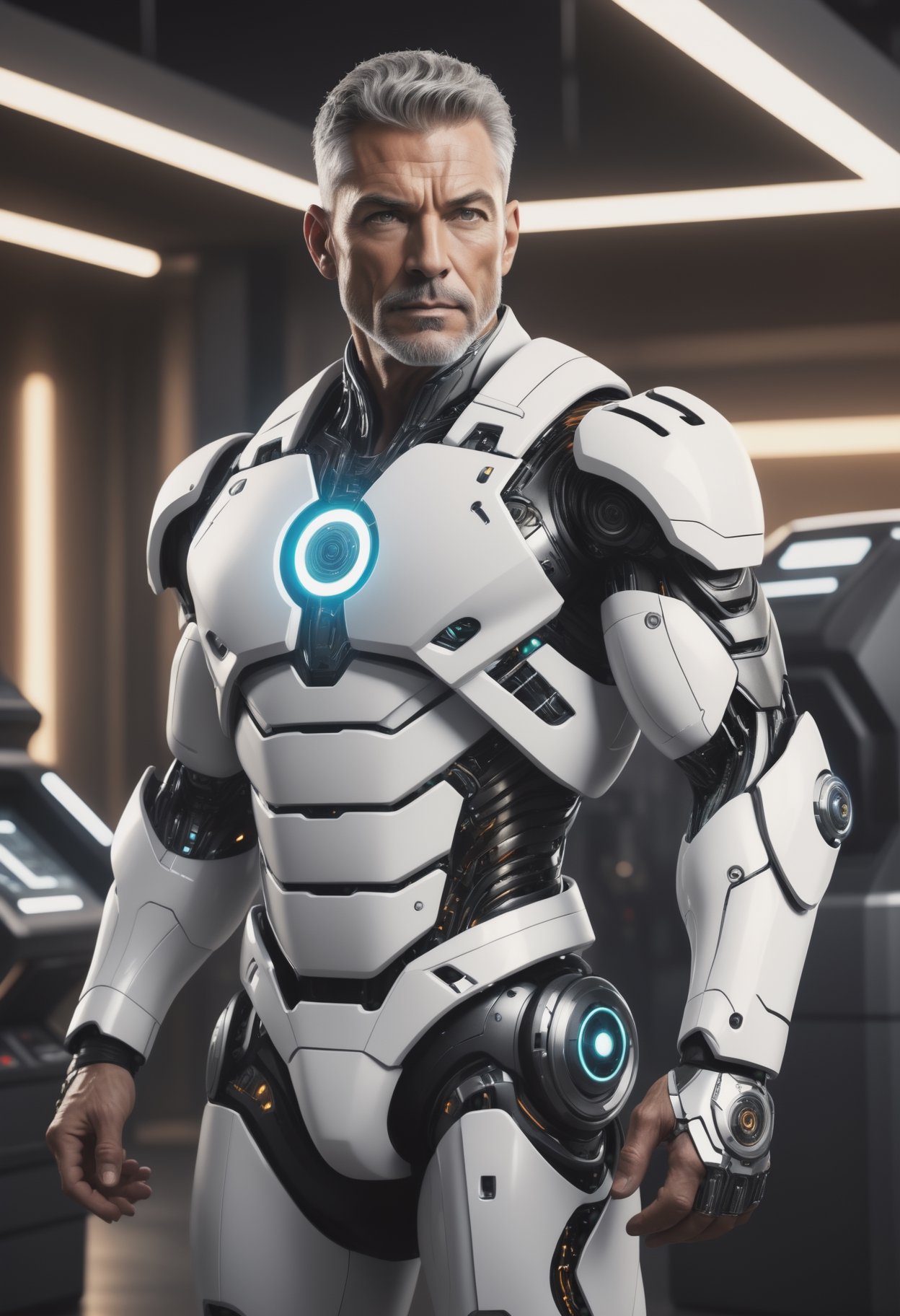 ald, muscular white man in his fifties, hazel eyes, dressed in TGRON legacy style suit, with machines in the background, with cinematic lighting, extremely detailed. 8k,monster,cyborg style,cyborg,android,make_3d,Movie Stile