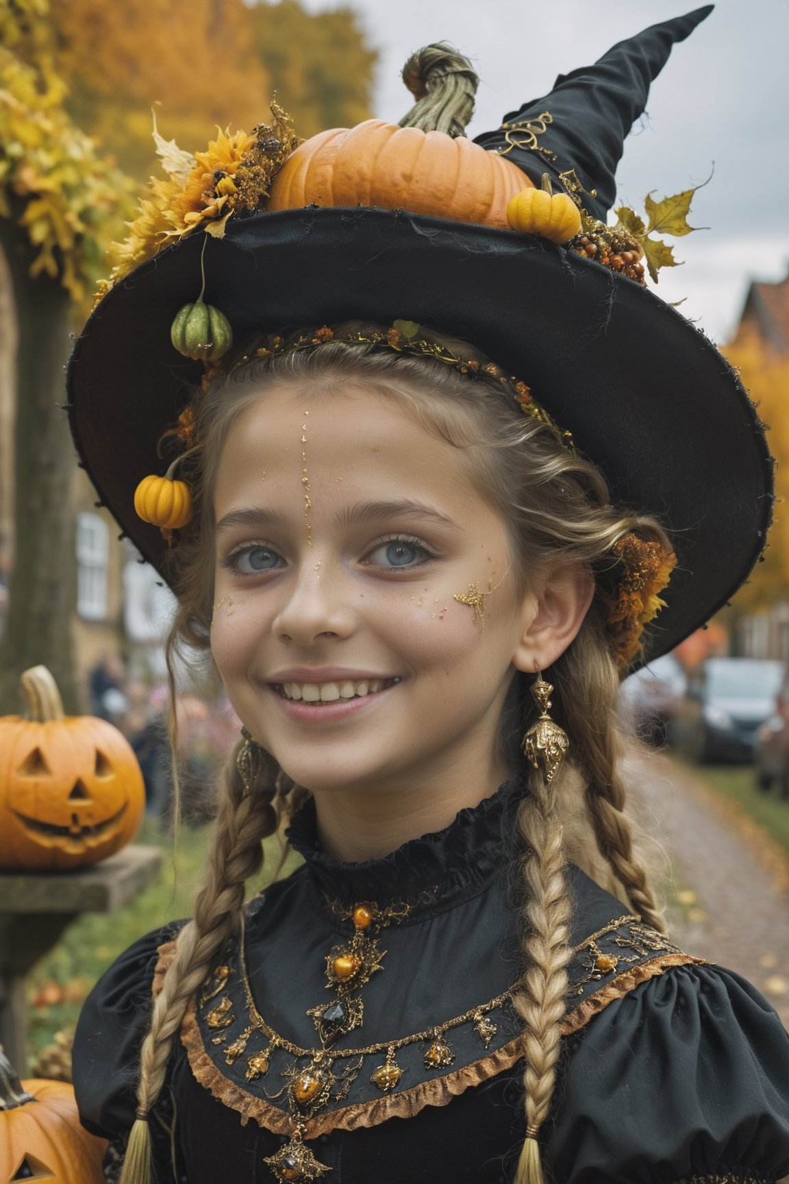 (Aetherpunk style:1.4),wide angle,8k , ultra quality ,nature,pagan imagery,cute very young Halloween witch,10 years old girl,(lovely smile),,art by Giuseppe Arcimboldo,gold detailed,utopia,magic,(Halloween atmosphere),neon detailed,beasts,mages,((in Halloween town,amazing scenery)),(highly detailed:1.2),(ultra realism:1.2), realistic, detailed, textured, skin, hair, eyes, by Alex Huguet, Mike Hill, Ian Spriggs, JaeCheol Park, Marek Denko,(side view:1.5)
,