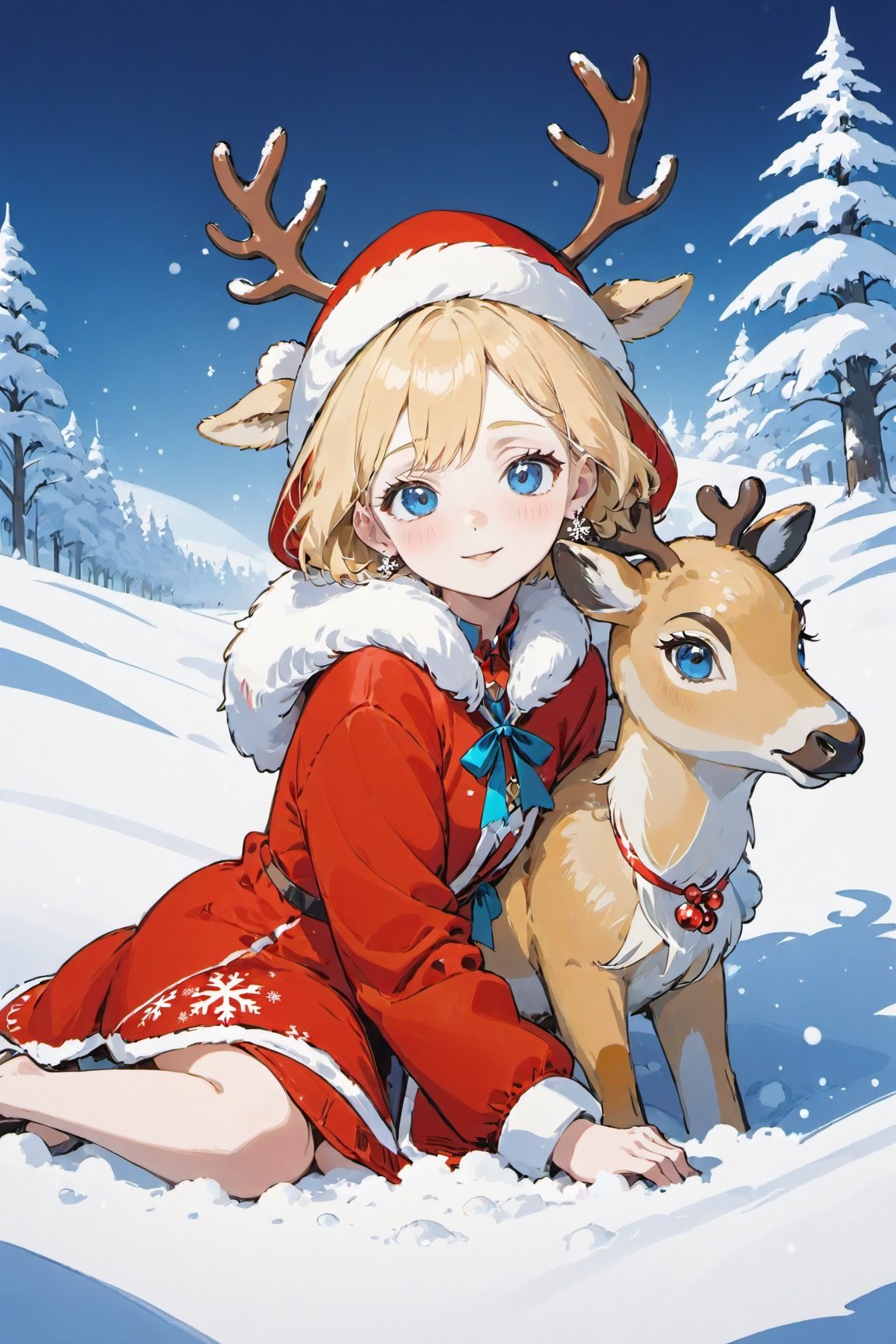 best quality, ultra-detailed, illustration, 1reindeer,1girl lying,  in a field of snow, red dress, white snowflakes,  earrings, looking at viewer, blue eyes, red ribbon,red hat, necklace,winter jacket with fur, blonde hair, short hair,,