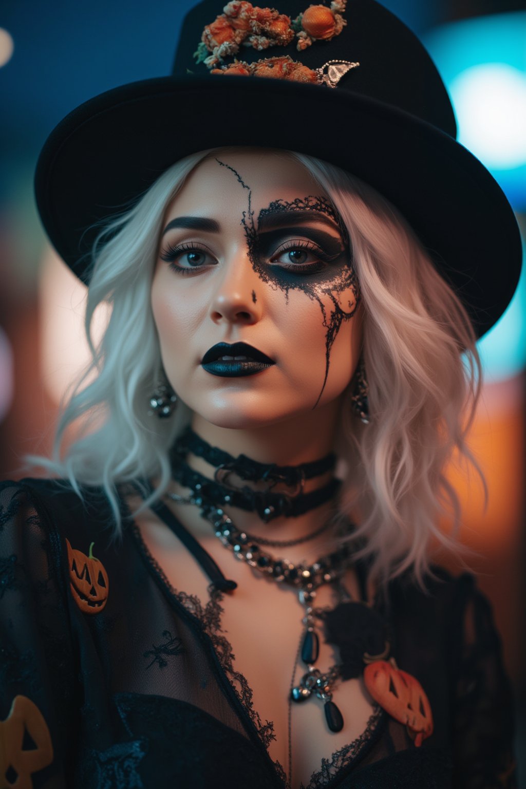 (Best Quality, 8K, 32K, masutepiece:1.3), Ultra-detailed, (Photorealistic:1.4), white colors, albino,15yo Punk Girl with Halloween paint on her face, Detailed eyes, Upper body, Luxurious punk hair, Edgy Halloween fashion,(Halloween atmosphere),in Gothic Haloween costume and hat, Pumpkin motif accessories,necklace and earrings,  Avant-garde Halloween makeup, Numerous piercings,,night sky background, Backlight effect, Shallow depth of field, Blurry background,score_9, score_8_up, score_7_up, score_6_up, score_5_up, score_4_up,reversal film photography