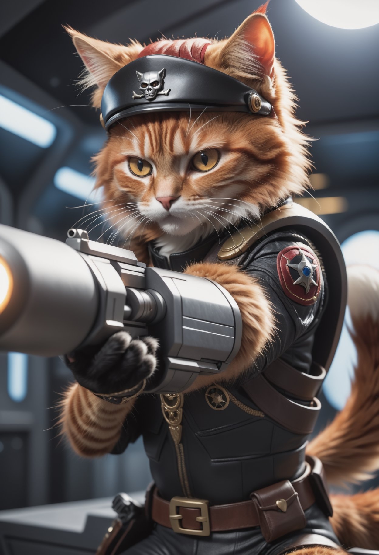 cinematic photo ,a detailed award winning photo, cute red haired cat space pirate on his spaceship ,realistic fur, fangs , angry, holding a big futuristic gun, epic pose, high quality photography, 3 point lighting, flash with softbox, 4k, Canon EOS R3, hdr, smooth, sharp focus, high resolution, award winning photo, 80mm, f2.8, bokeh ,35mm photograph, film, bokeh, professional, 4k, highly detailed,(face close up)