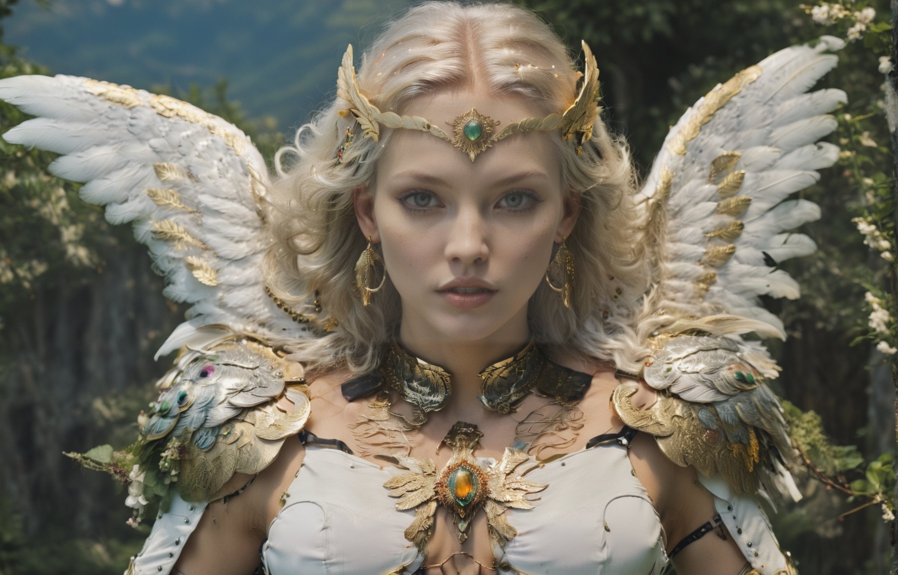 (wide angle),(Aetherpunk style:1.4),8k , ultra quality ,nature,pagan imagery,intricate detailed, beautiful valkyrie ,gold detailed holy gorgeous armor,intricate detailed wide angelic wings,spreading angelic wings wide,utopia,magic,detailed,mages,outdoors,amazing scenery,(highly detailed:1.2),(ultra realism:1.2), realistic, detailed, textured, skin, platinum white hair, green eyes, by Alex Huguet, Mike Hill, Ian Spriggs, JaeCheol Park, Marek Denko
,detailmaster2,more detail XL,(half body image),realistic,3d toon style,xxmix_girl,xxmixgirl