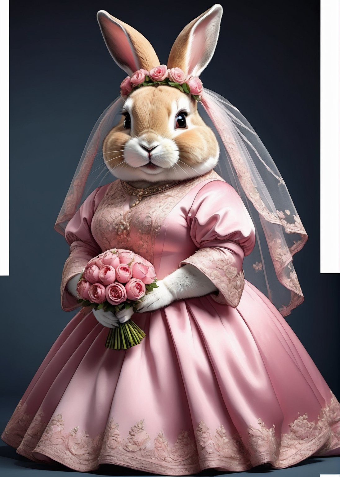 photorealistic portrait of Dressed animals - a ((fat)) cute rabbit,(elegant pose),(closed mouth),(frurry), high quality,(lovely) ,intricate details, highly detailed ((pink wedding dress)),wearing opera globes ,wearing highly detailed veil, highly detailed decorations ,holding flower bouquet, (happy), studio lighting,(full body image:1.5),comic book