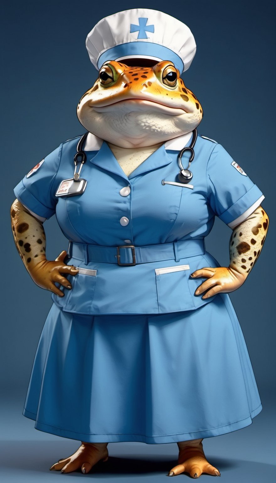  portrait of Dressed animals - a ((fat)) cute toad nurse,(hands on hips:1.5 ),(closed mouth), high quality,(lovely) ,intricate details, highly detailed (( blue nurse costume)), wearing nurse cap and skirt , highly detailed medical equipment , (happy), studio lighting,(),(simple background)