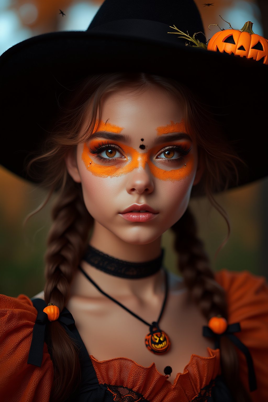 upper body portrait of 18yo cute girl with (Halloween paint on face), in Gothic Haloween costume and hat, (glaring at camera:1.5),(gothic),fractal punk, braid hair, matte painting portrait shot, beautiful girl, pink fair skin, she is dressed in Halloween clothes, Pumpkin motif accessories,necklace and earrings, Halloween atmosphere, heavy makeup,orange theme,score_9, score_8_up, score_7_up, score_6_up, score_5_up, score_4_up,