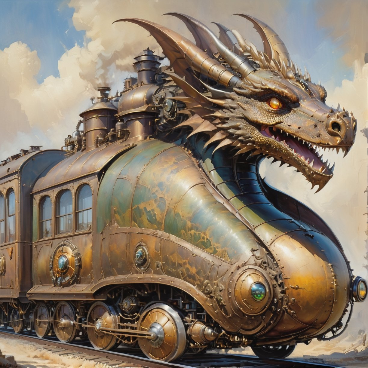 detailed full-length picture, masterpiece, best quality, ultra high resolution, visually stunning, beautiful, award-winning art (abstract art: 1.3), beautiful ))), oil painting dieselpunk. dragon train,(viewed from below:1.5),Watercolor, trending on artstation, sharp focus, studio photo, intricate details, highly detailed, by greg rutkowski, more detail XL, hyper detailed, realistic, oil painting, by julie bell, frank frazetta, cinematic lighting,dragon train