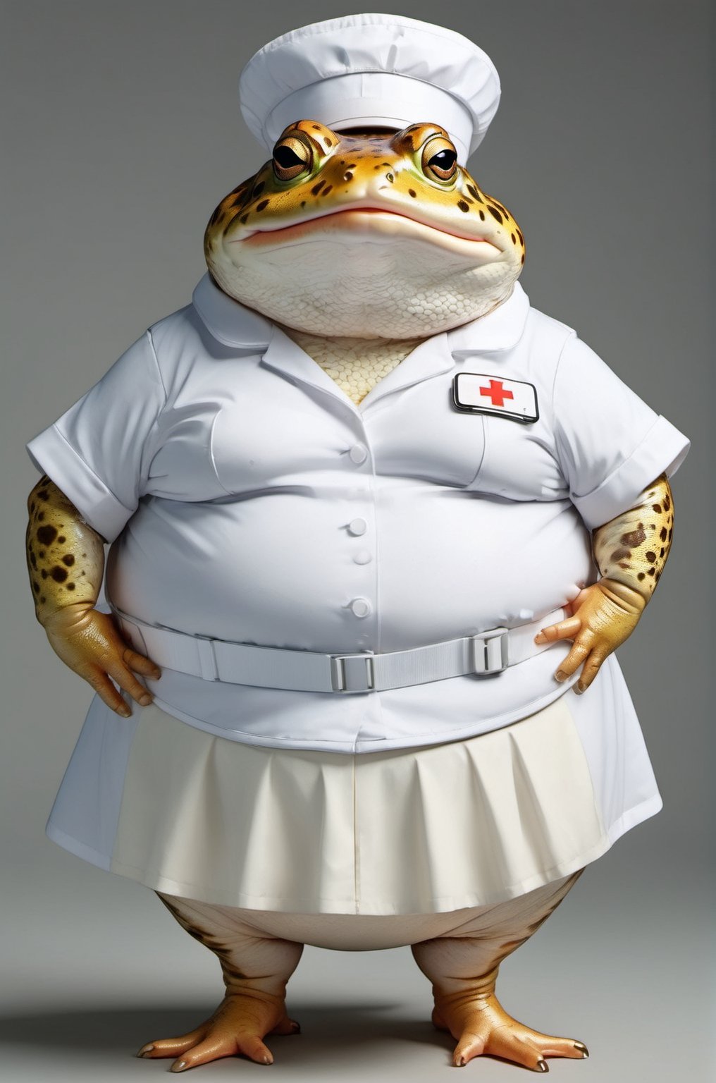  portrait of Dressed animals - a ((fat)) cute toad nurse,(hands on hips:1.5 ),(closed mouth), high quality,(lovely) ,intricate details, highly detailed (( nurse costume)), wearing nurse cap and skirt , highly detailed medical equipment , (happy), studio lighting,(),(simple background)