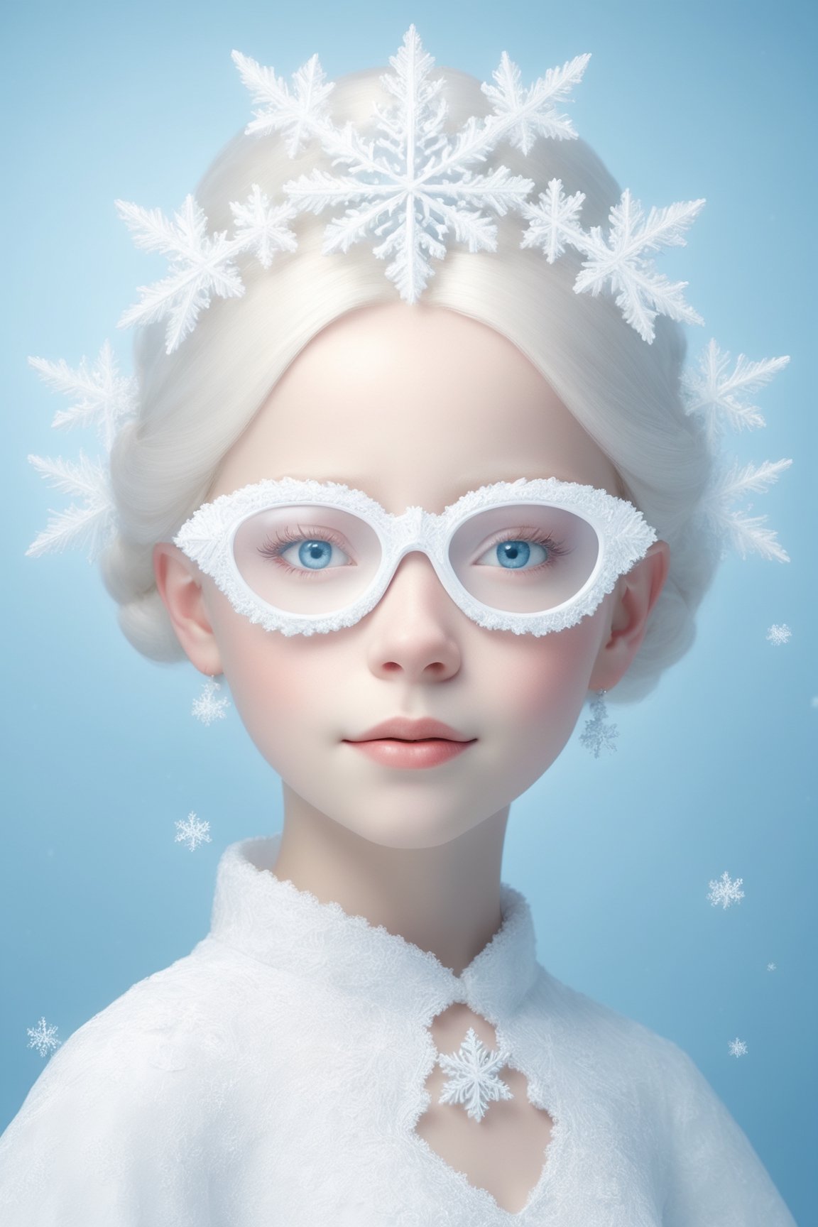 (Photorealistic Stick: 1.2), Sharp focus, (wearing snowflake glasses), Albino angel girl with seductively beautiful alabaster skin, 10 years old, cute face, detailed and perfect face, cuteness loved by everyone ,
A bright smile full of compassion, beautiful red lips, big eyes, soft expression, light blue pupils, white eyelashes, white hair,
Her porcelain-white skin, reflecting an almost heavenly glow, (((Victorian wedding dress, expensive, intricately designed tiara)), with intricate lacework and intricate details of lace and embroidery. Pure white wedding dress, (dancing, random pose, changing pose, dynamic angle,), happy atmosphere,snowflake glasses