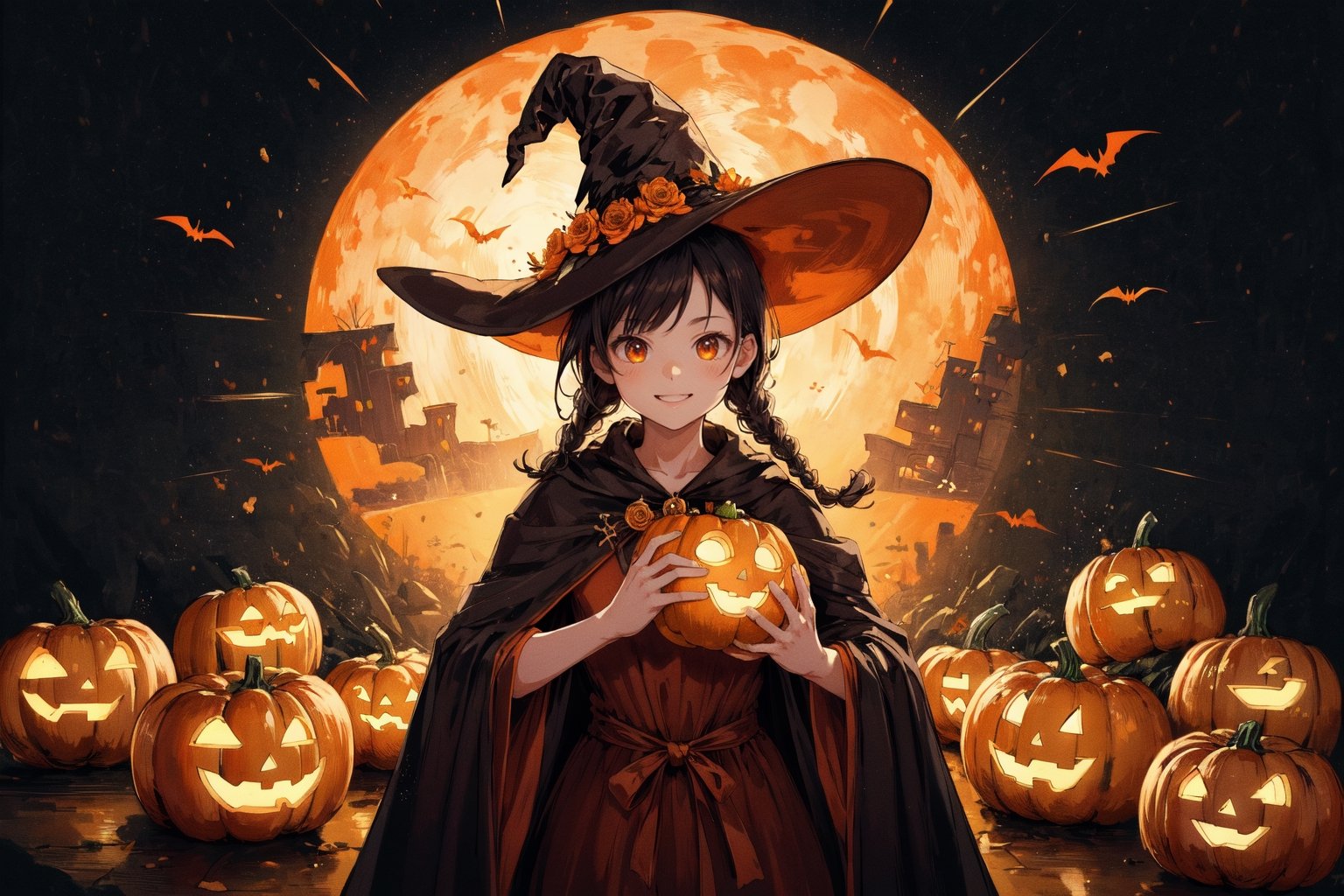   absurdres, highres, ultra detailed, (1girl:1.3), kawaiiBREAK  ,,(carries Jack o'lanterns ),(( orange witch's big hat and orange intricate robe)), shining eyes , twin_braid , black hair , little girl, 10 years old,(lovely smile),happy Halloween atmosphere, fluid textures,,moonlight,intricate details, 32k digital painting, hyperrealism, (vivid color,abstract background:1.3, colorful:1.3, flowers:1.2, pumpkins:1.1,zentangle:1.2, fractal art:1.1) , parted bangs, SUPER HIGH quality, in 8K , intricate detail, ultra-detailed,(action pose:1.5),(upper body image:1.5),realhands