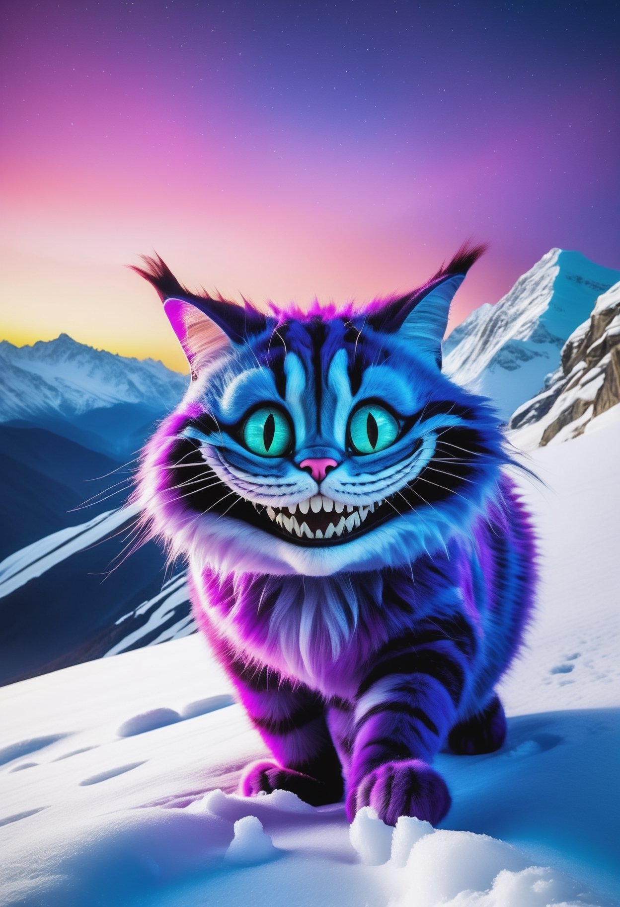 RAW photo, realistic photography, (realistic Cheshire Cat:1.5) wandering through the untouched purity of the snow-clad Himalayas, creepy big smile, a mythical tapestry of frost under the spectral dance of the auroras