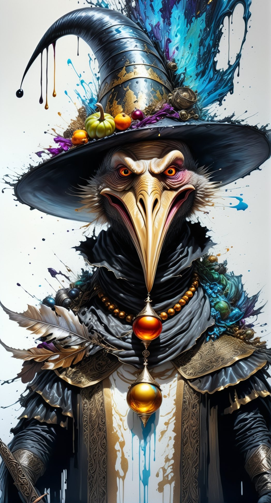 Ultra-Wide angle shot, photorealistic of gothic medieval of  stylish (turkye) character wearing pilgrim outfits,(turkey),(long neck), (large beak),(horror), (creepy smile),art by Carne Griffiths,thanksgiving atmothphere,ornaments of thanksgiving, merged visuals, evocative storytelling, creative blending, seeBlack ink flow: 8k resolution photorealistic masterpiece:  intricately detailed fluid gouache painting: calligraphy: acrylic: colorful watercolor art, cinematic lighting, maximalist photoillustration: by marton bobzert: 8k resolution concept art intricately detailed, complex, elegant, expansive, fantastical, psychedelic realism, dripping paint,,DonML1quidG0ldXL ,Digital painting ,PEOPShockedFace,((pointing at viewer))