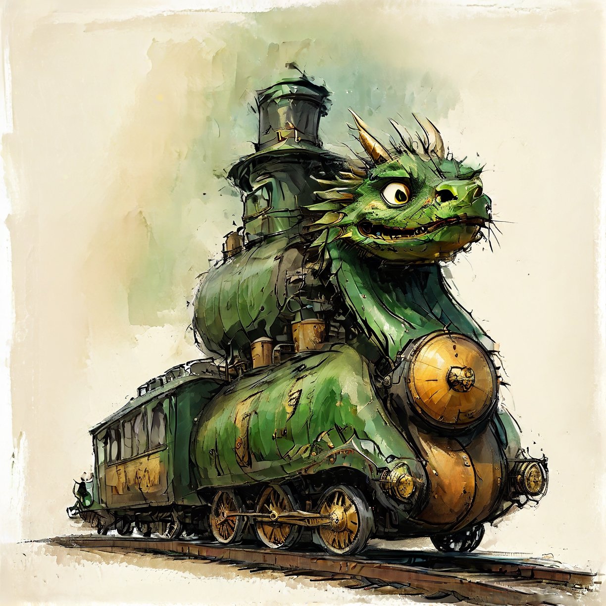 efektowna kolorowa farba przedstawiająca uroczy rysunek>Saint Patrick, orthodox style,icon,  dragon train on railroad tracks,  (viewed from below:1.5),Transparent Background <,cute cartoon ,T Shirt Design,TShirtDesignAF,dragon train