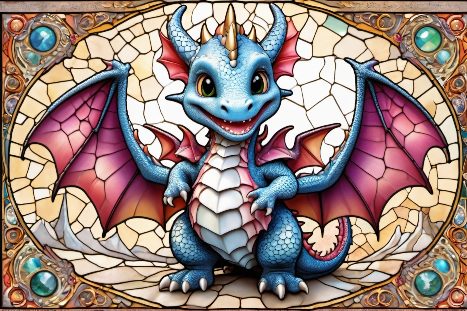 Happy, image of cute dragon,intricate details,
 blessed, welcoming , cute, adorable, vintage, art on a cracked paper, fairytale, patchwork, stained glass, storybook detailed illustration, cinematic, ultra highly detailed, tiny details, beautiful details, mystical, luminism, vibrant colors, complex background,,cute dragon
