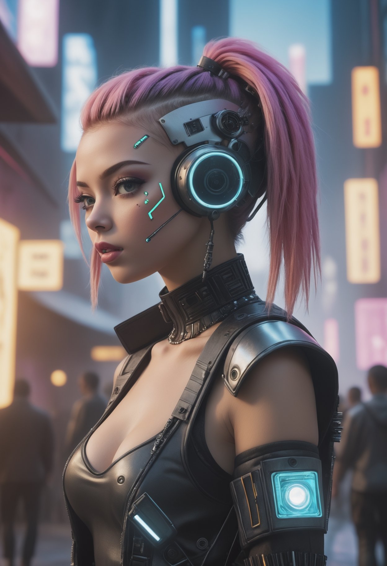 (top-quality,8K,32K,​masterpiece,UHD:1.3),ultra high res,(Photorealsitic:1.4),RAW photo, cyber punk girl,A detailed cute face,cyber punk hair,cyber punk fashion,highly detailed clothes,half body shot,
,cyber punk city background,Back light effect, lens flare,depth of fields,cyberpunk