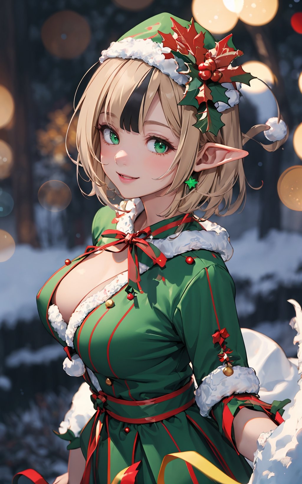 //quality
Masterpiece, ultra detailed, hyper high quality, quality beyond the limits of AI, the ultimate in wisdom, top of the line quality, 8K,
//Character
 elf girl,lovely smile, looking at viewer, large breasts, short hair,light brown pixy hair,streaked hair,multicolored hair,green  eyes, 
//Fashion
 wearing christmas elf's costume, 
//Background,outdoor,snow scenery,christmas decorations, christmas tree,,  shining_sparkle_background,
upper body image , (bokeh:1.3),,1 girl,ChristmasElf,[viewed from above]