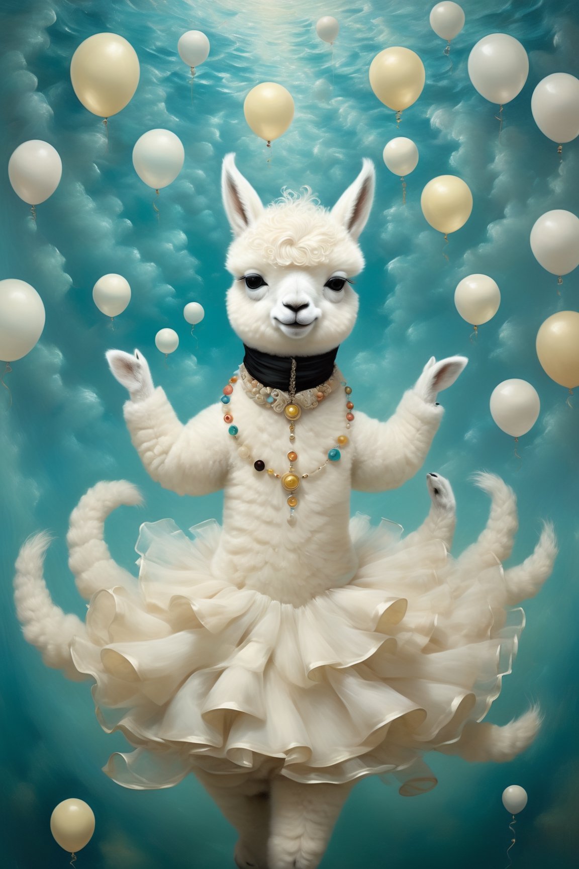 A beautiful and whimsical elusive pop noir surrealism, art of Dressed animals - a fat white baby alpaca dancer,dancing,(big smile),(happy),(highly detailed decorations), in the style of Dr. Seuss, inspired by Mandelbrot fractals and the Doppler effect glitchcore, in the style of Ray Caesar, modern art, art nouveau, realism fantastic, intricate details, surreal emotion art, interesting emotional feeling, highli texture details, Behance winning award. rendered in a charming, ornate style, with textured brushstrokes and incredibly high 12k resolution. This highly detailed 3DHD oil painting showcases Pierre-Auguste Renoir's mastery of color and technique. The deep, incandescent tones and ultra-fine details evoke a surrealist vibe reminiscent of Craola, Nicoletta Ceccoli, Beeple, Jeremiah Ketner, Todd Lockwood. Meticulously hand-painted with meticulous attention to detail, this work of art captures the essence of fantastical scenes from a bygone era. Created using cutting-edge Octane Render technology, underwater